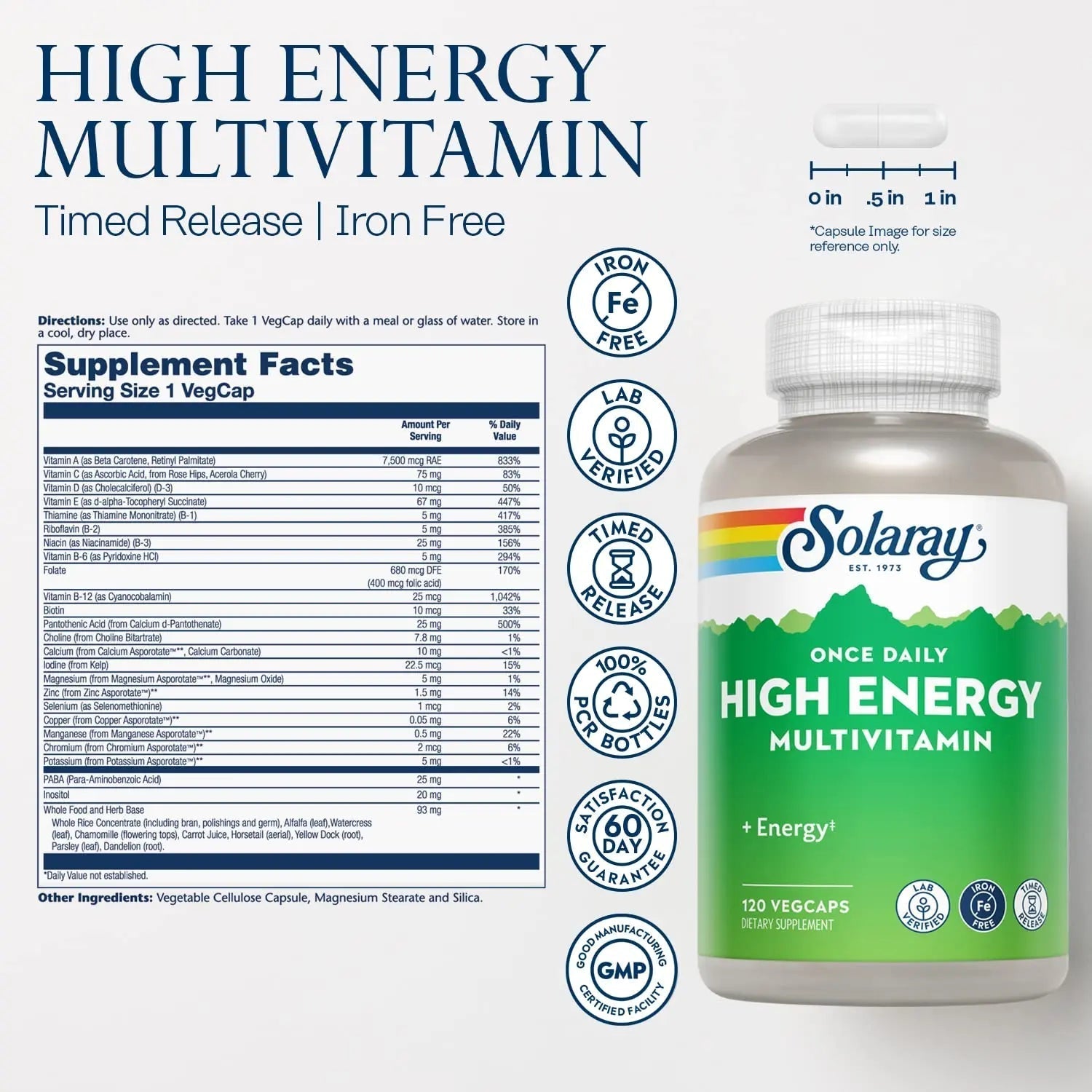 SOLARAY High Energy Multivitamin, No Iron, 1/Day, Timed-Release Formula, Whole Food & Herb Base 120 VegCaps SOLARAY uk supplements