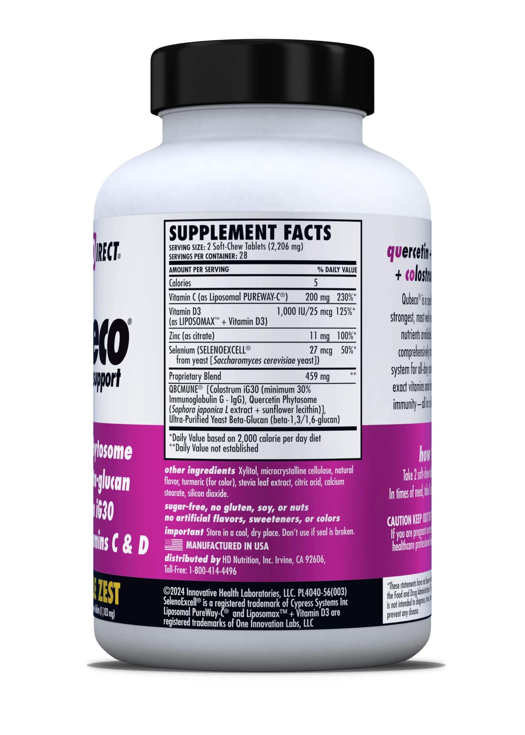 HEALTH DIRECT - Qubeco Immune Support with Vitamin D3, Liposomal Vitamin C, Quercetin, Beta-Glucan, Colostrum, Zinc, Selenium - Clinical Strength – 56 Soft Chew Tabs - 28 Day Supply - Pineapple Zest HEALTH DIRECT uk supplements