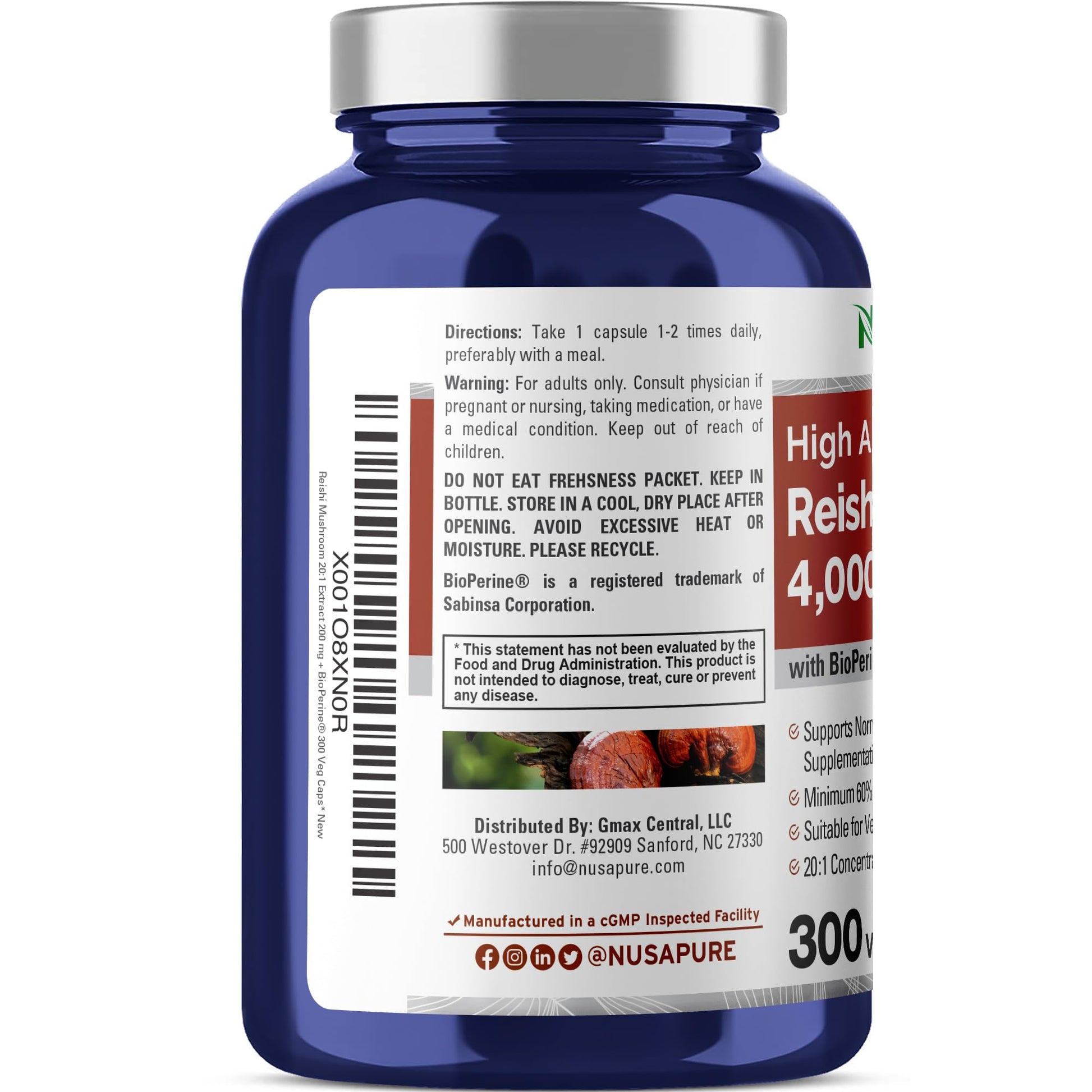 NusaPure Reishi Mushroom Extract 20:1 Extract, 200 mg Equivalent to 4000mg per Capsule 300 Veggie Caps Vegan, Non-GMO, Vegan NusaPure uk supplements