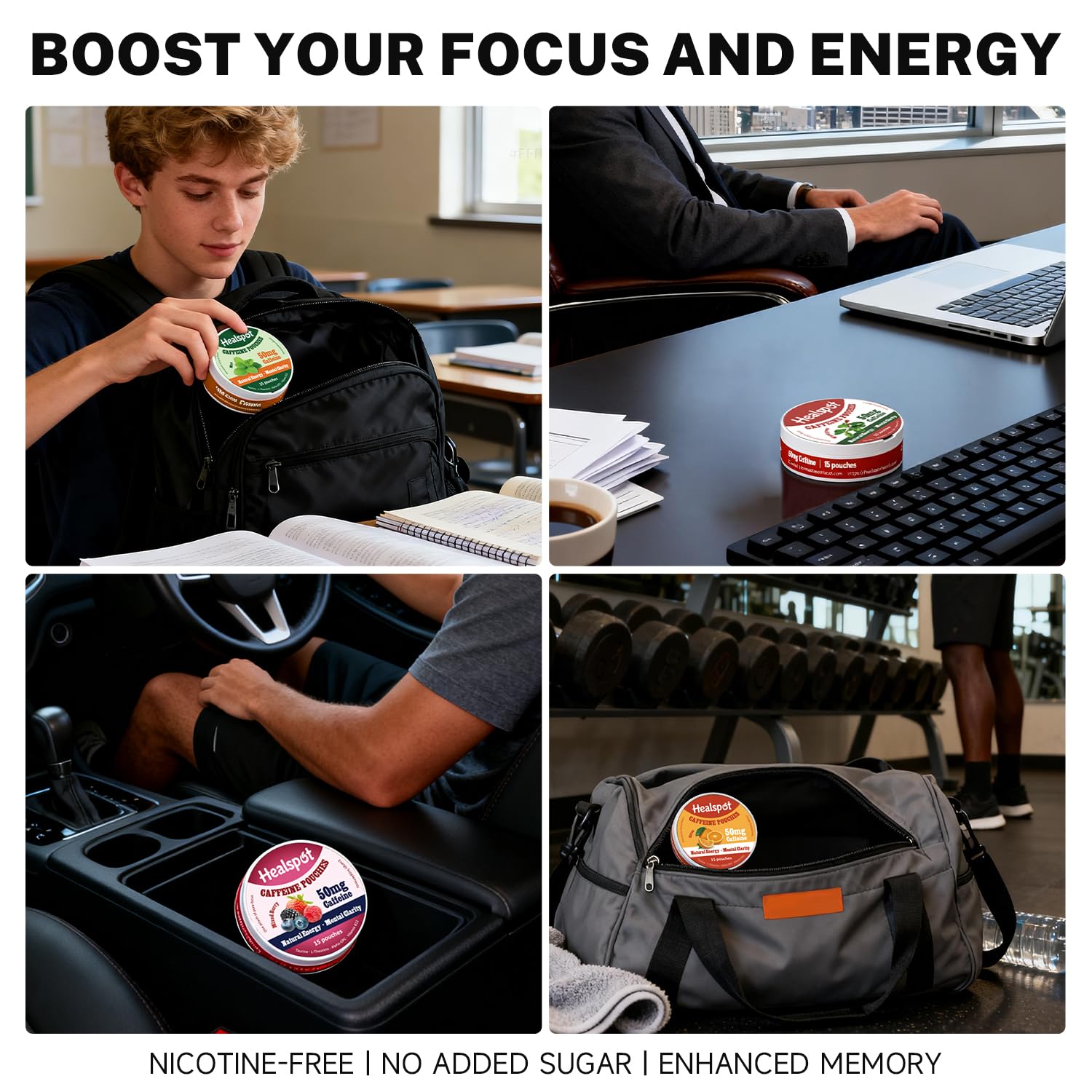 Healspot Nootropic Caffeine Pouches, Energy Pouches with 50mg Caffeine | Taurine | Vitamin B12 | Alpha-GPC | L-Theanine, Focus and Energy Supplements Variety Packs 5 Flavors Healspot uk supplements