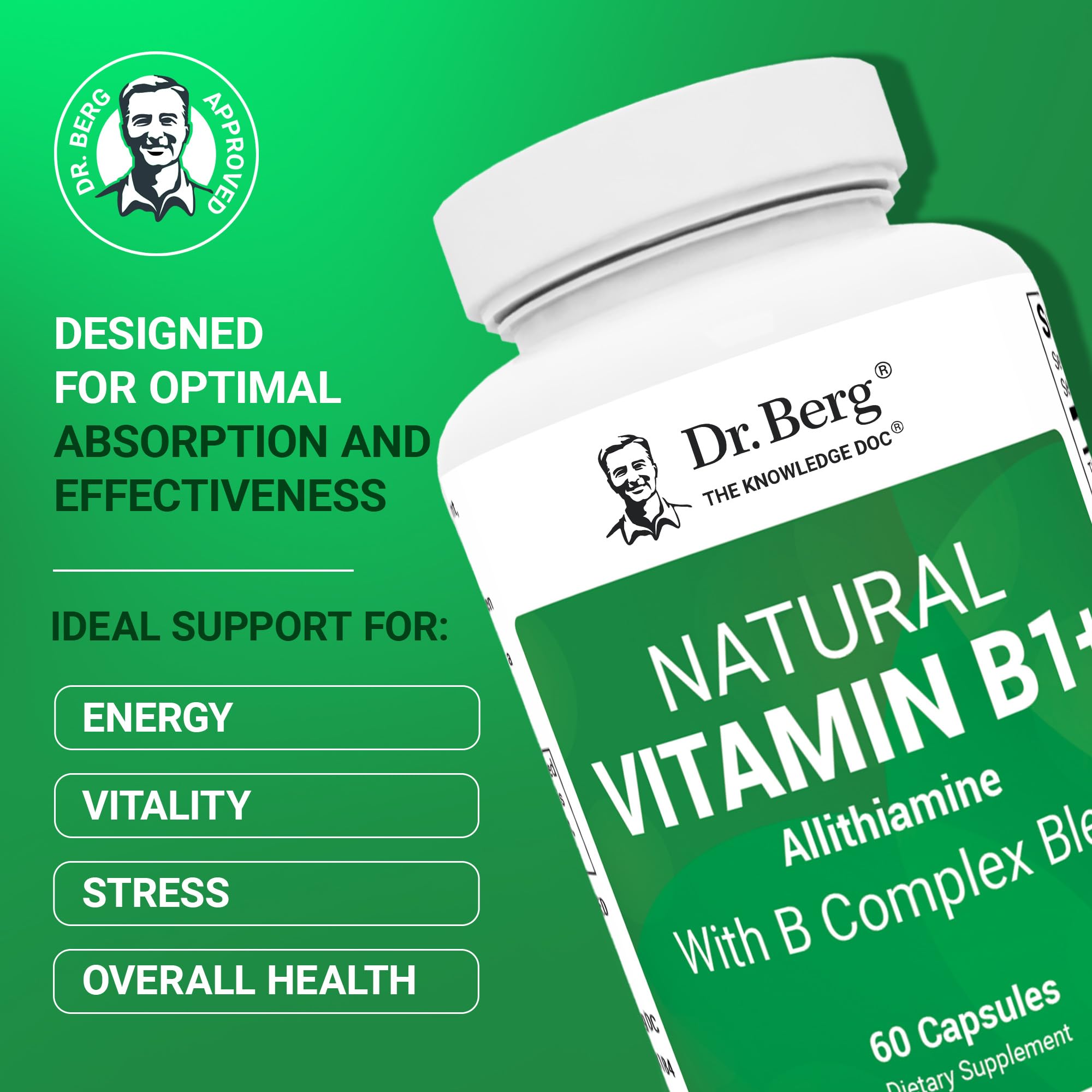 Dr. Berg Natural Vitamin B1 B6 B12 Complex - Allithiamine Vitamin B1 Supplement with 8 Essential Vitamin B Complex for Men & Women Including Thiamin, Niacin, Folate, Magnesium & More - 60 Capsules Dr. Berg Nutritionals uk supplements