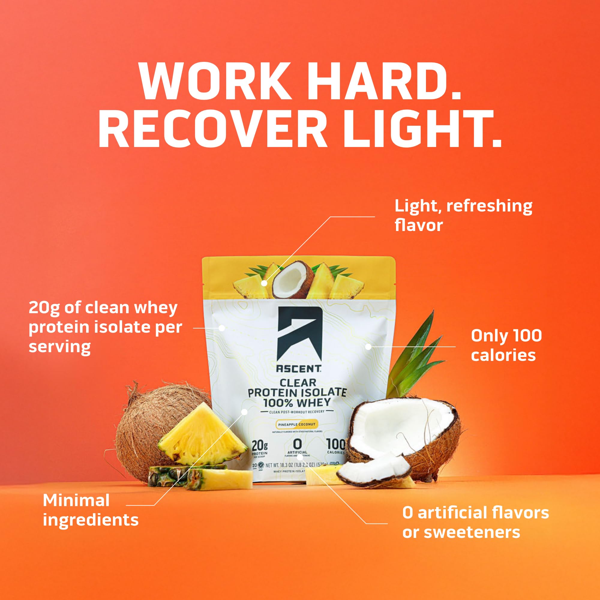 Ascent 100% Clear Whey Protein Powder - Post Workout Whey Protein Isolate, Zero Artificial Flavors & Sweeteners, Gluten Free, 5.5g BCAA, 2.1g Leucine, Essential Amino Acids, Pineapple Coconut, 20 Serv Ascent uk supplements