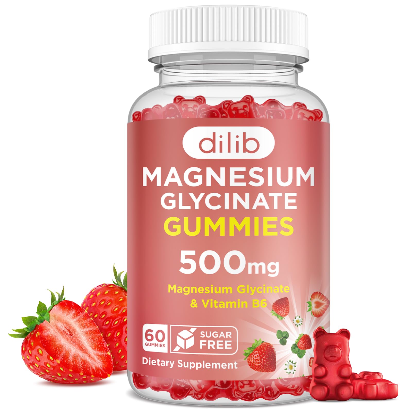 Magnesium Glycinate Gummies 500mg - Magnesium Supplement with Vitamin B6 for Adults & Magnesium for Kids - Calm Magnesium for Sleep, Mood, Muscle Support - Strawberry Flavor, 60 Gummies dilib uk supplements