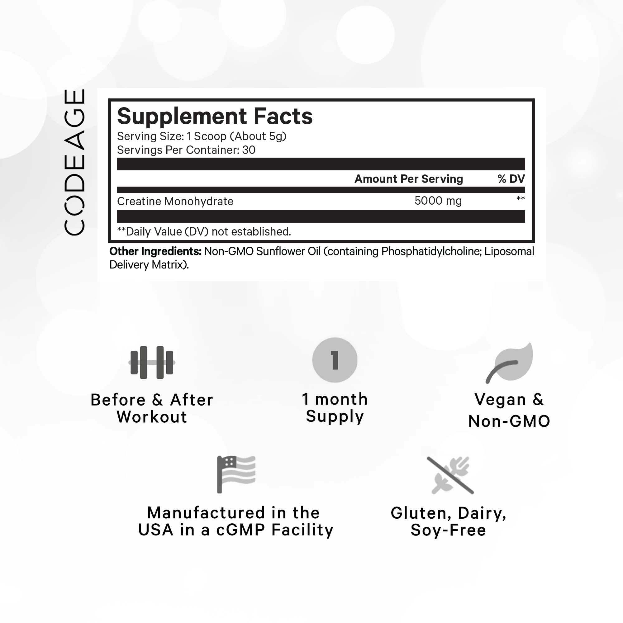 Codeage Liposomal Creatine Powder Supplement, Pure Creatine Monohydrate 5000mg, Pre Workout & Post Workouts - Unflavored Creatine, Micronized Creatine Powder - Creatinine for Sports - 30 Servings Codeage uk supplements