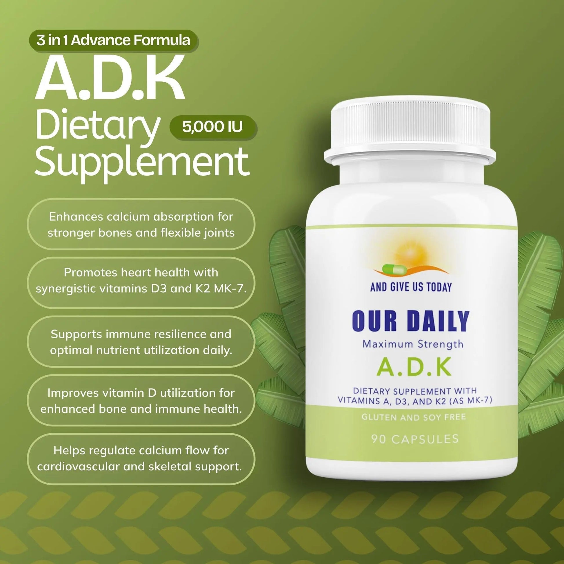 Daily Vites, ADK Vitamin Supplement 5000 IU, 90 Capsules - 3 Months Supply - High Potency Vitamin A, D3 & K2 (MK-7) - Physician Formulated ADK for Bone, Heart AND GIVE US TODAY OUR DAILY uk supplements