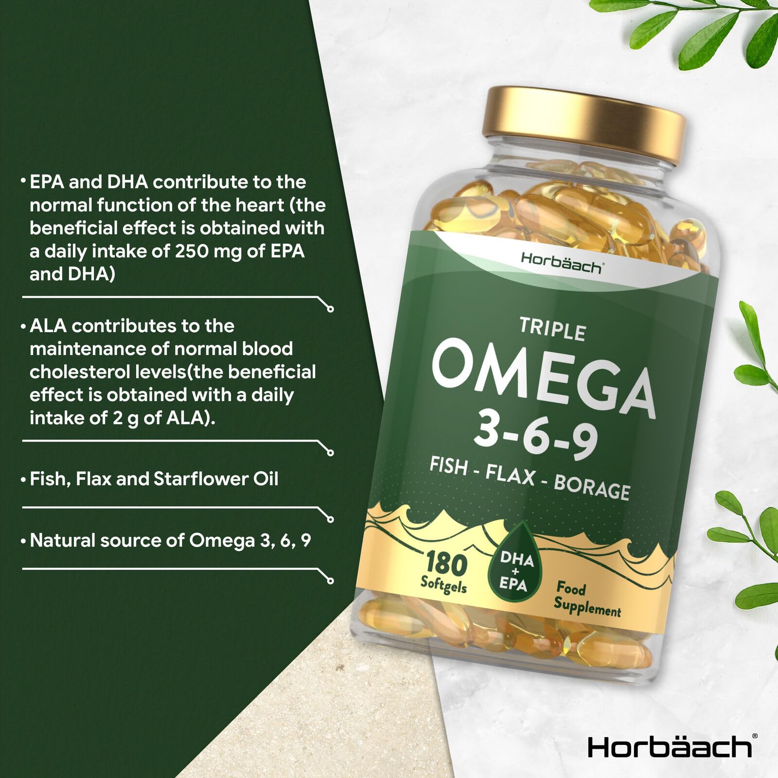 Triple Omega 3 6 9 Capsules | 180 Count | High Strength Supplement with DHA Horbäach uk supplements