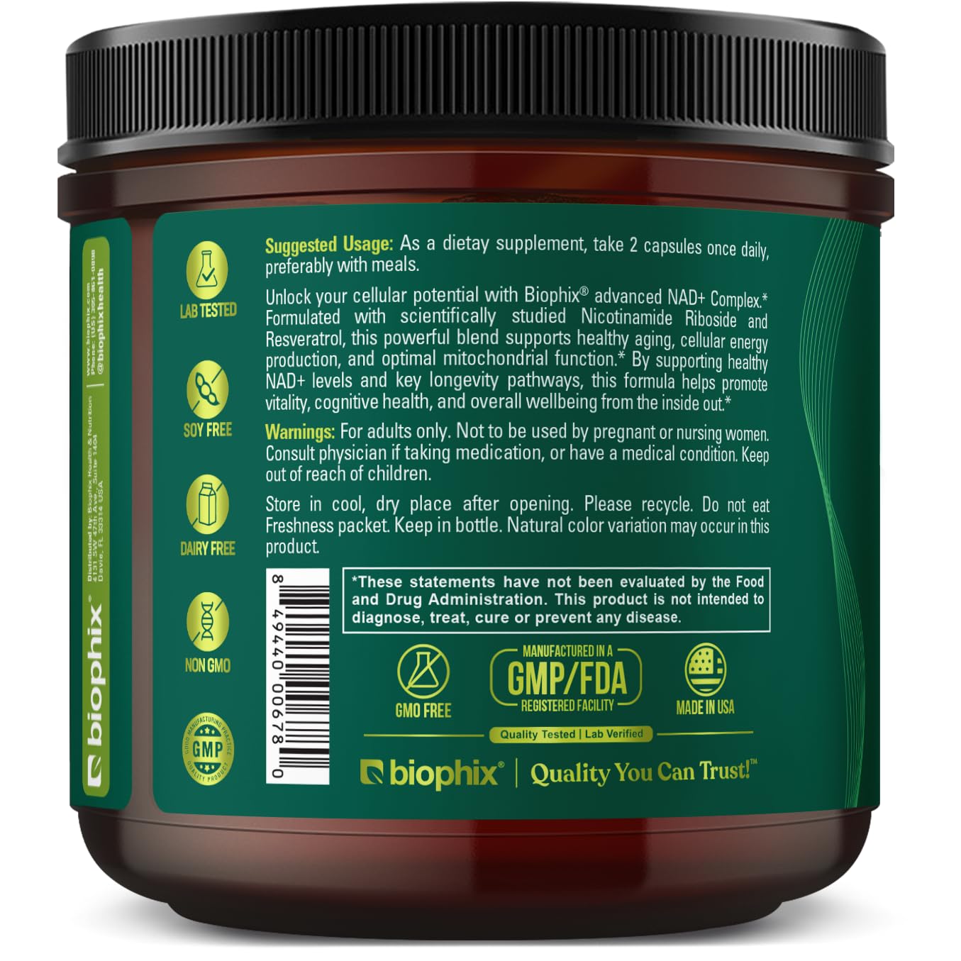 biophix NAD+ Liposomal Supplement for Women & Men - 1000 mg per Serving - Nicotinamide Riboside, Micronized Resveratrol & Quercetin Complex - 100 Veg Capsules - Non-GMO, Gluten-Free, cGMP Certified biophix uk supplements