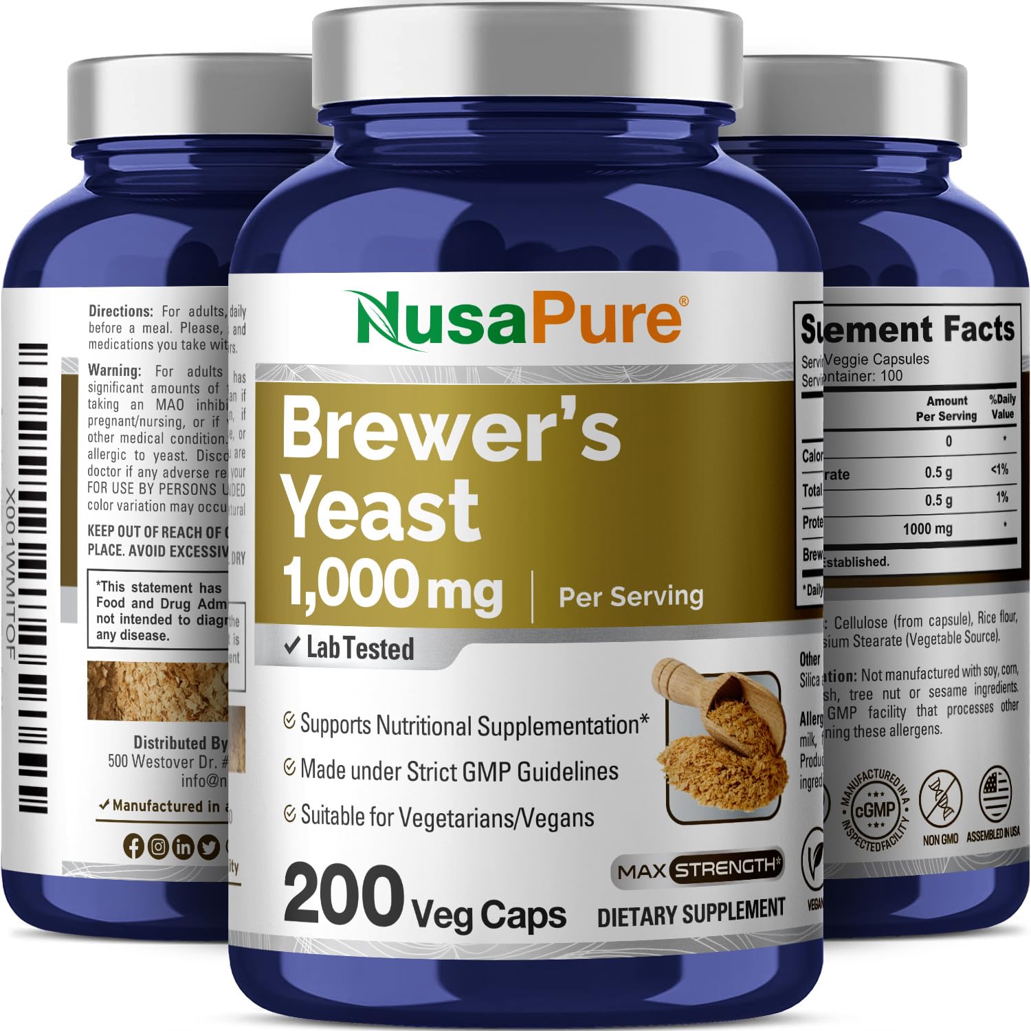 NusaPure Brewer’s Yeast - Suitable for Vegetarian/Vegan, Non - GMO - 1000mg 200 Capsules NusaPure uk supplements