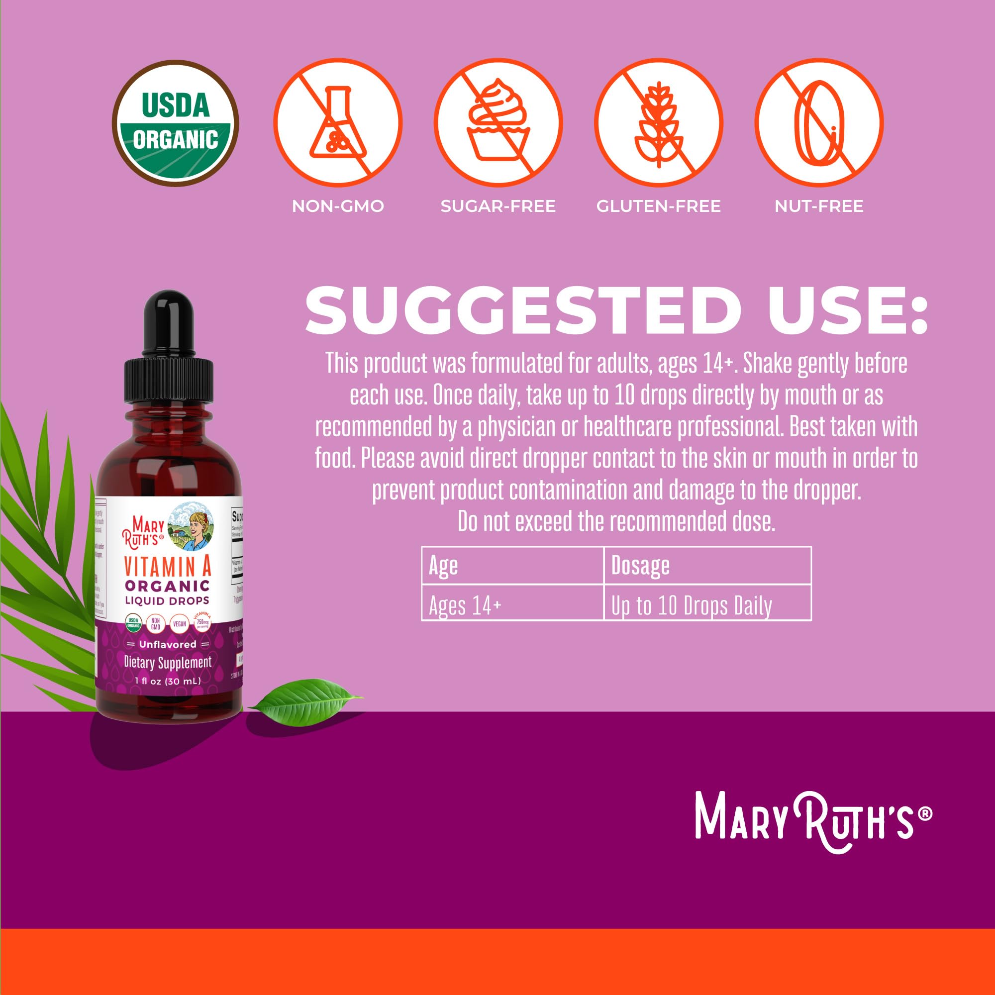 MaryRuth Organics USDA Organic Vitamin A Liquid Drops | 3 Month Supply | Bone Health for Ages 14+ | Essential Vitamin | 750mcg per Serving | Sugar Free | Vegan | Non-GMO | Gluten Free | 1oz MARYRUTH'S uk supplements