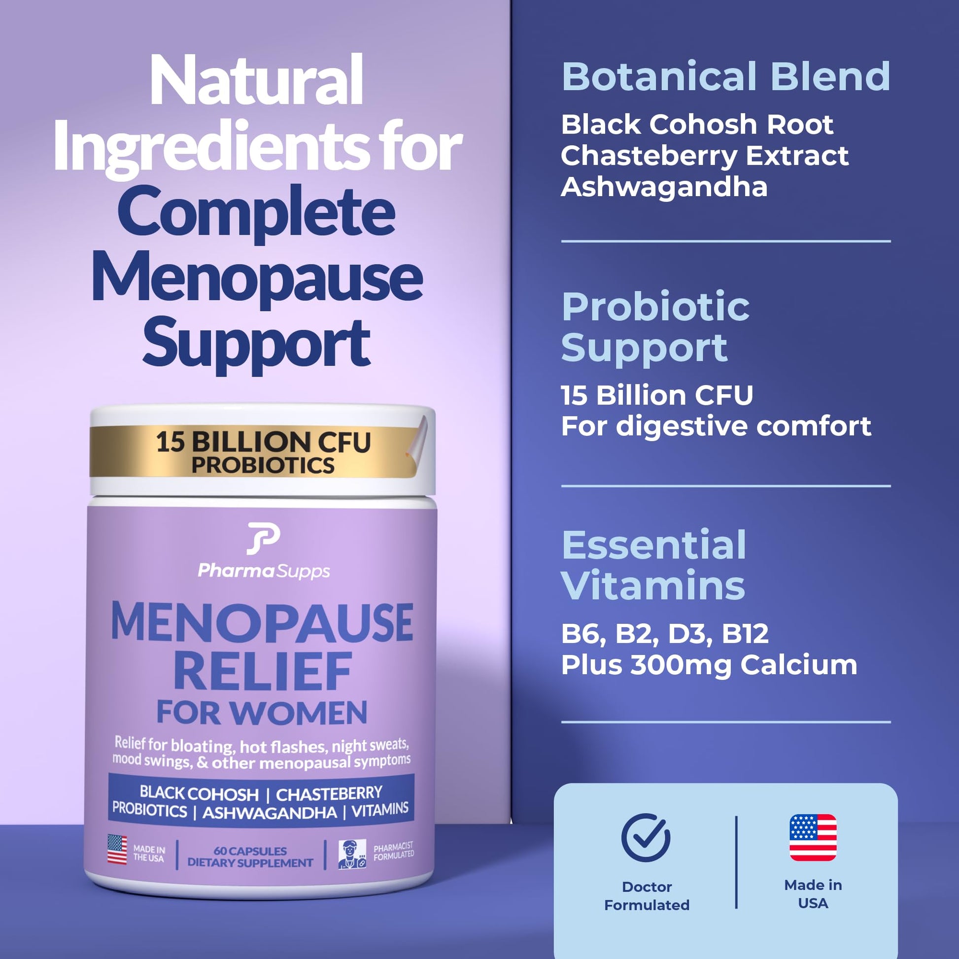 Natural Menopause Supplements for Women - Perimenopause Supplements for Hormonal Balance, Bloating & Mood Swings | Hot Flashes Menopause Relief w/Probiotics & Prebiotics, Black Cohosh & Chasteberry PharmaSupps uk supplements