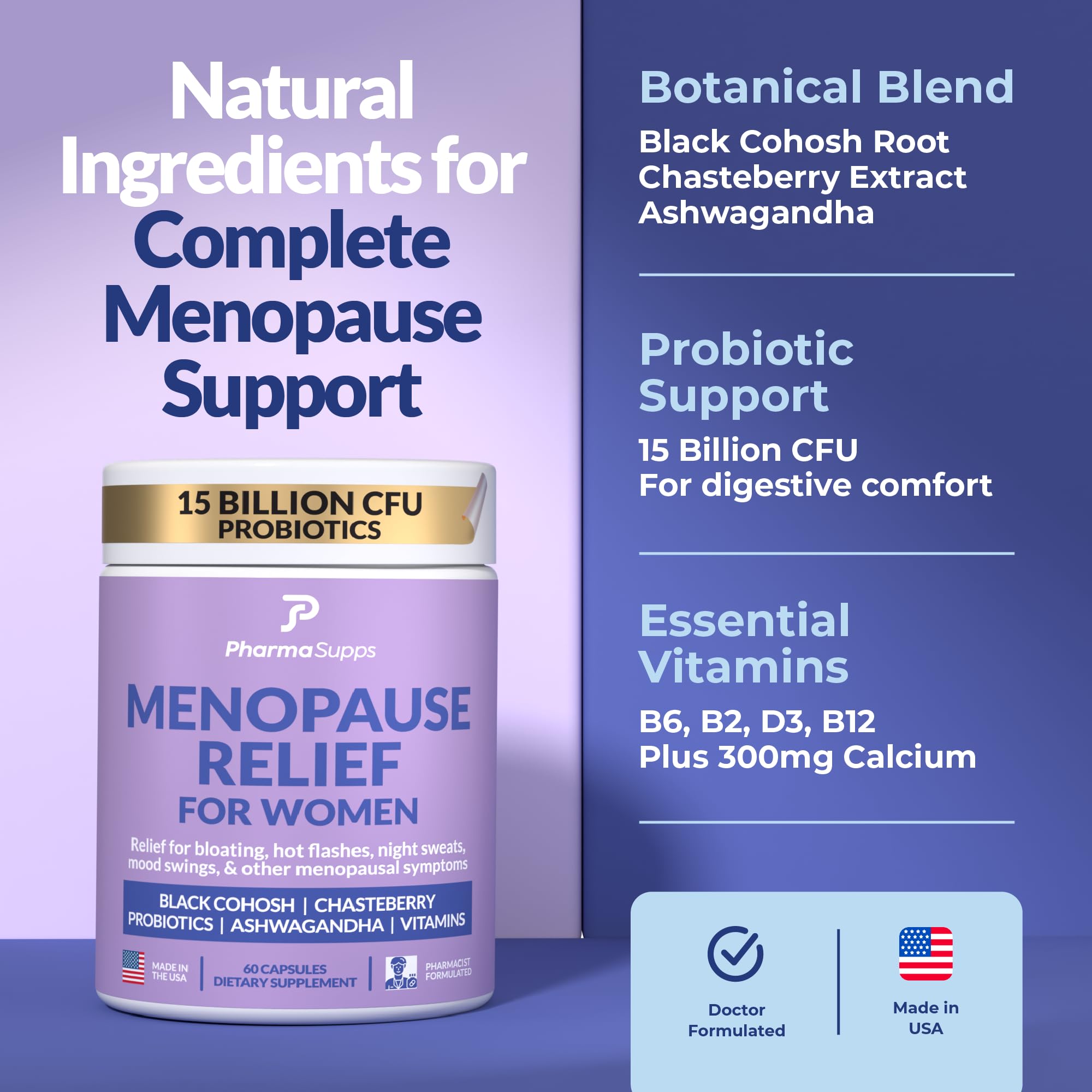 Natural Menopause Supplements for Women - Perimenopause Supplements for Hormonal Balance, Bloating & Mood Swings | Hot Flashes Menopause Relief w/Probiotics & Prebiotics, Black Cohosh & Chasteberry PharmaSupps uk supplements