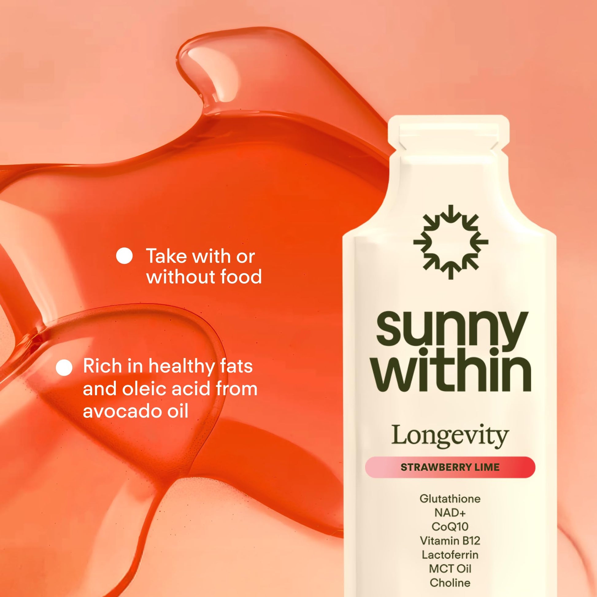 Sunny Within - Liposomal Glutathione Supplement NAD+ Longevity Mix w/Liquid NAD+, CoQ10, B12, MCT & Avocado Oil – Cellular Health, Energy, Brain, Gut & Heart Support* – Strawberry Lime – 30 Pouches Sunny Within uk supplements