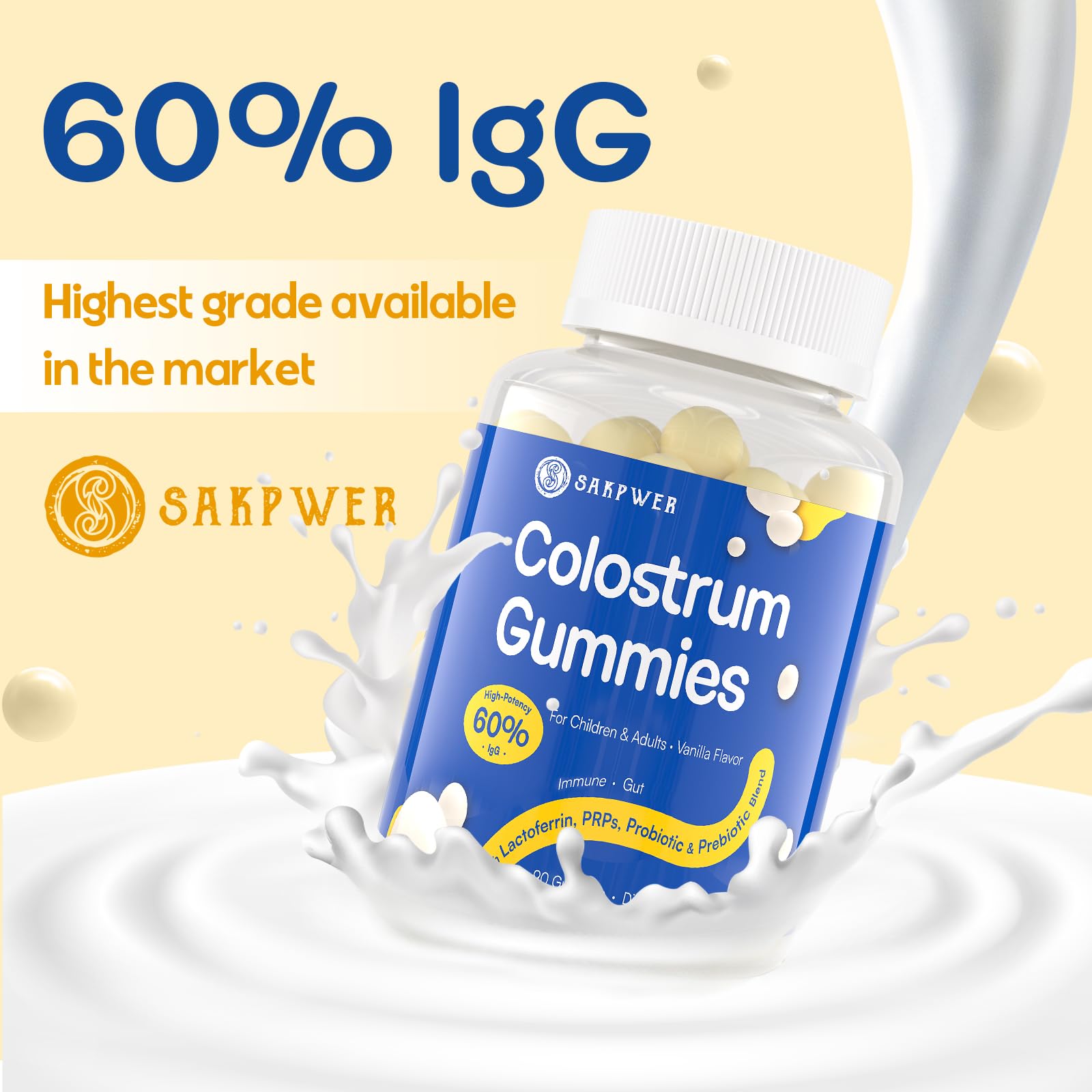 Sakpwer Bovine Colostrum Supplement Gummies - with 60% Highest IgG, Lactoferrin, Probiotics and Prebiotics for Adults and Kids, Vanilla Flavor & Sugar Free, 90 Gummies Sakpwer uk supplements