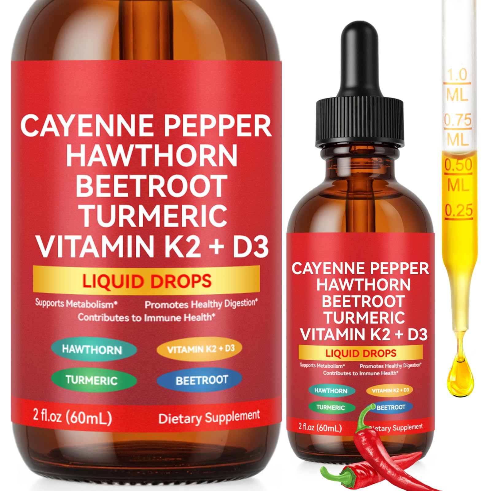 Cayenne Pepper Drops, Liquid Cayenne Pepper Organic, Cayenne Health Supplements, Cayenne Pepper Hawthorn Beet Root Turmeric Curcumin, Vitamin K2 & D3, Vegan-Friendly- 2 Fl Oz Vortexonix uk supplements