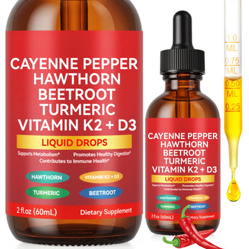 Cayenne Pepper Drops, Liquid Cayenne Pepper Organic, Cayenne Health Supplements, Cayenne Pepper Hawthorn Beet Root Turmeric Curcumin, Vitamin K2 & D3, Vegan-Friendly- 2 Fl Oz Vortexonix uk supplements
