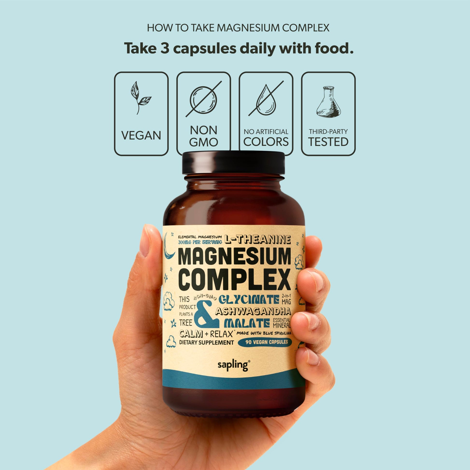 Magnesium Glycinate Complex Supplement - Chelated Magnesium Glycinate with Malate, Organic Ashwagandha, L-theanine & Blue Spirulina - High Absorption, Vegan, Non-GMO, 300mg, 90 Veggie Caps sapling uk supplements
