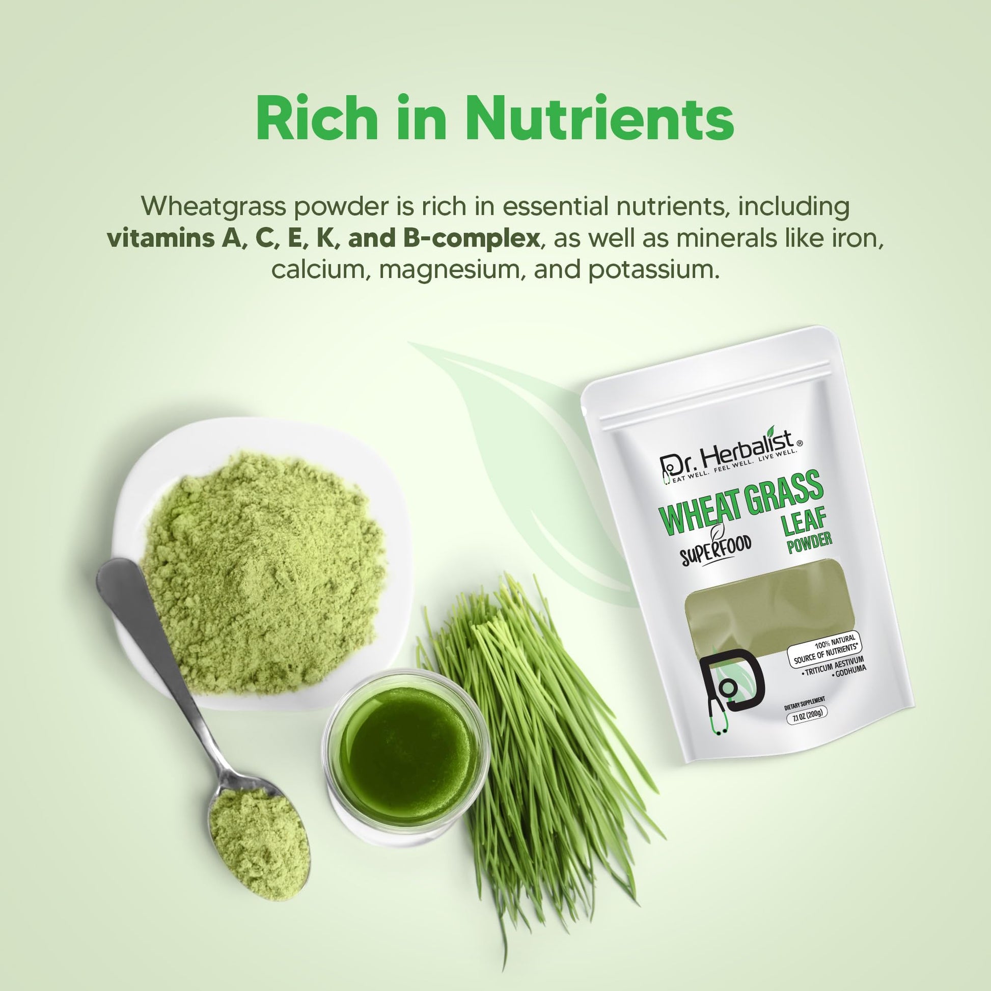 Dr. HERBALIST Wheatgrass Powder 200g - Pure Triticum Aestivum with Chlorophyll Iron & Vitamins A C E | Supports Daily Greens Detox & Nutrient Density* | Halal Dr. HERBALIST uk supplements