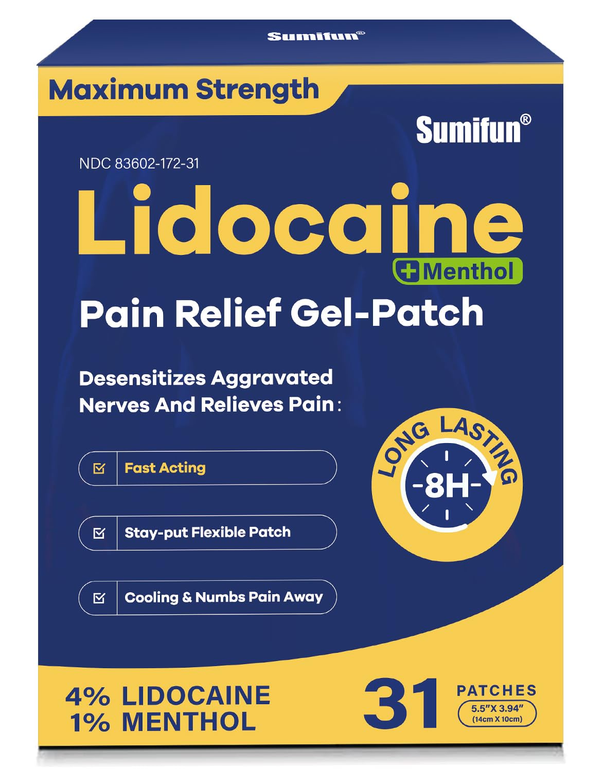 Sumifun Lidocaine Pain Relief Patches - Fast, Targeted Therapy Simple Backache, Soreness, Sprain, Joint Pain with Maximum Strength 4% Lidocaine and 1% Menthol (Large, Count, 31) NDC 83602-172-31 Sumifun uk supplements