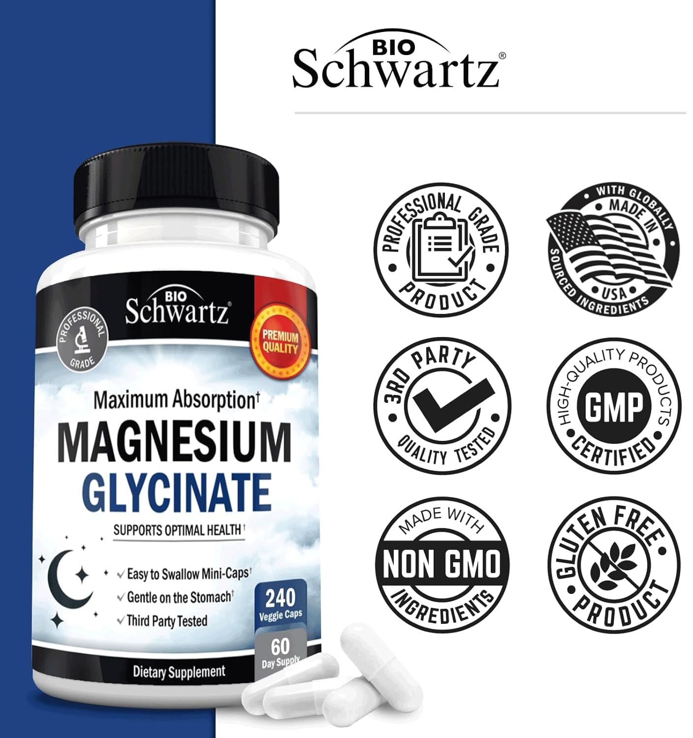 BioSchwartz Magnesium Glycinate 500mg Capsules (240 Mini Caps) Maximum Absorption Magnesium Supplement for Healthy Nerves Muscles Heart Mood and Sleep Support (Vegan, Gluten-Free, Non-GMO) BioSchwartz uk supplements