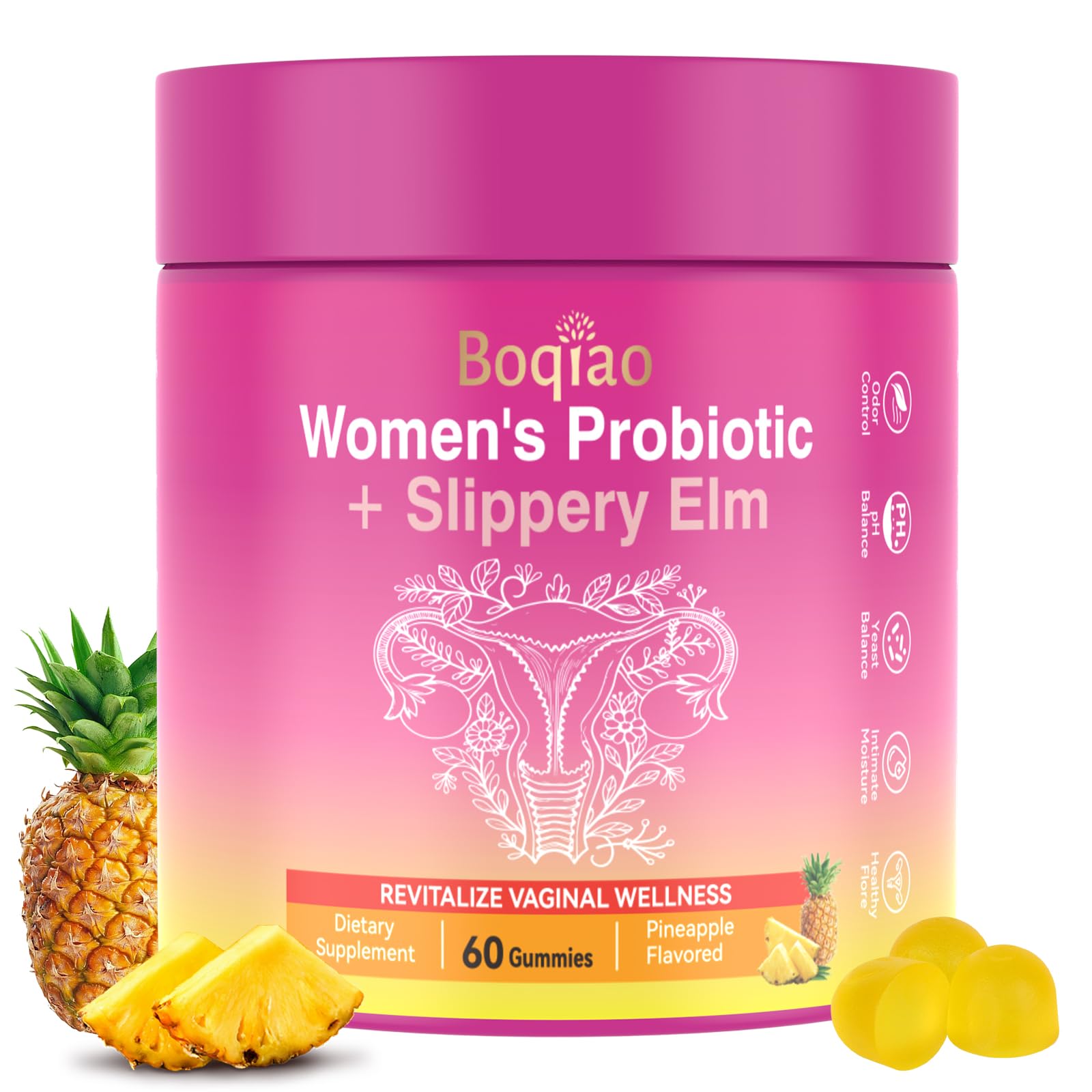 Feminine Probiotics Gummies with Slippery Elm - 60 Pineapple Gummies for Women ph Balance, Vaginal Probiotics Supports Flora, Gut Health & Immune System, Prebiotics & Lactobacillus Blend (Pineapple) Boqiao uk supplements