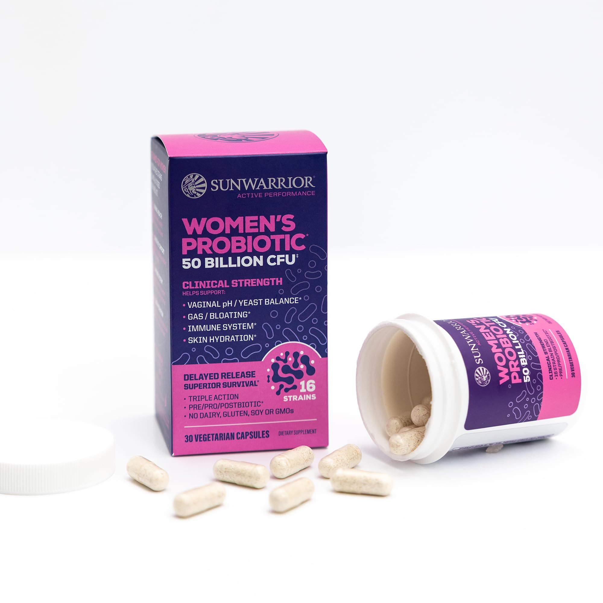 Probiotic for Gut Health 50 Billion CFU Probiotics Supplement Capsules 16 Strains Prebiotics, Postbiotics for Women Gut Immune Colon Health Energy Endurance Support Soy-Free Non-GMO 30 Capsule Serving Sunwarrior uk supplements