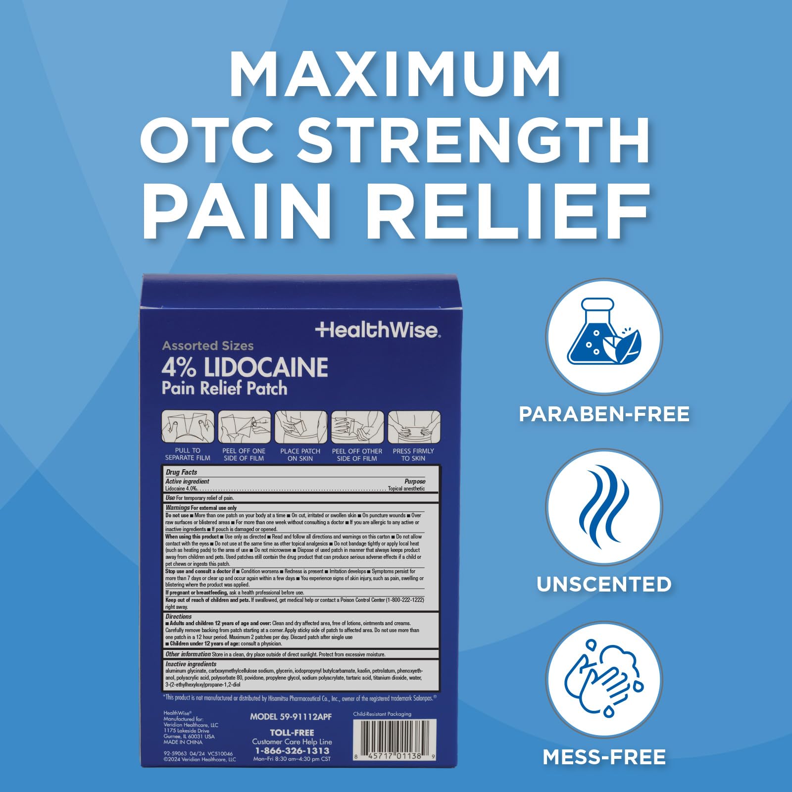 HealthWise Lidocaine Pain Patch | 4% OTC Lidocaine | 12-Count Assorted Sizes | Paraben-Free Formula | Temporarily Soothes Minor Aches and Pains | Unscented | Flexible Application HealthWise uk supplements