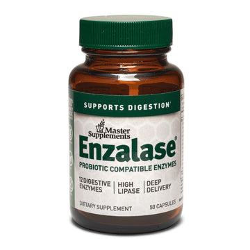 Master Supplements Enzalase - 50 Capsules - Probiotic Compatible Enzymes - Provides Digestive Boost + Gas & Bloating Relief - Gluten Free - 50 Servings