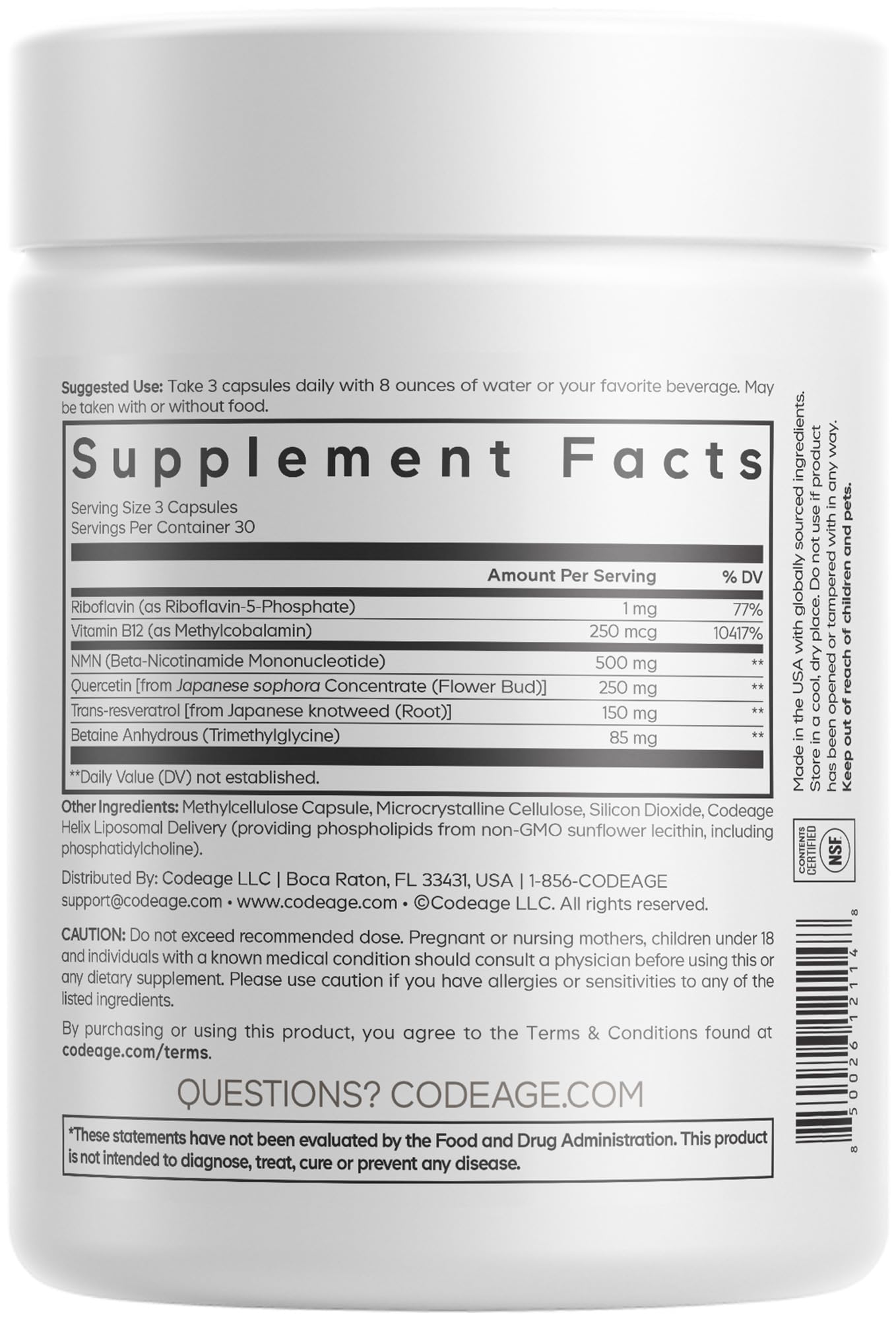 Codeage Liposomal NMN Platinum - 500 mg NMN Supplement, Nicotinamide Mononucleotide, NAD Precursor - Quercetin, Resveratrol, Betaine TMG, Vitamin B2 Riboflavin & Vitamin B12 - Non-GMO - 90 Capsules Codeage uk supplements
