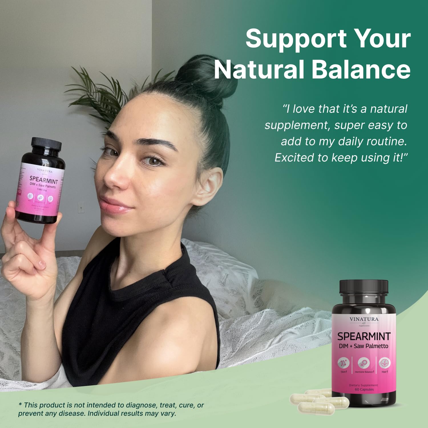 VINATURA Spearmint Leaf Capsules Supplement - Enhanced with DIM & Saw Palmetto, for Unwanted Hair, Women' Health & Skin *USA Made & Tested* - 1380mg/serving, 60 Capsules (30 Servings) VINATURA uk supplements