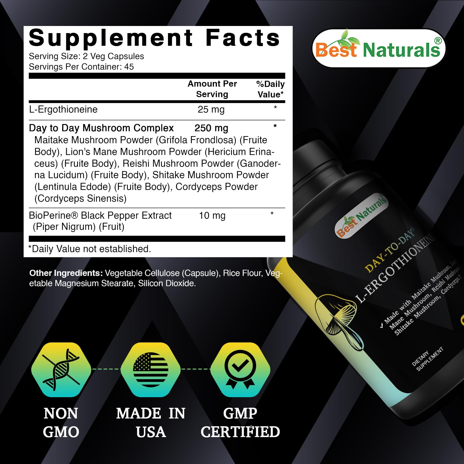 Best Naturals Day-to-Day L-Ergothioneine 25 mg with Maitake Mushrom, Lion's Mane Mushroom, Reishi Mushroom 90 Capsules Best Naturals uk supplements