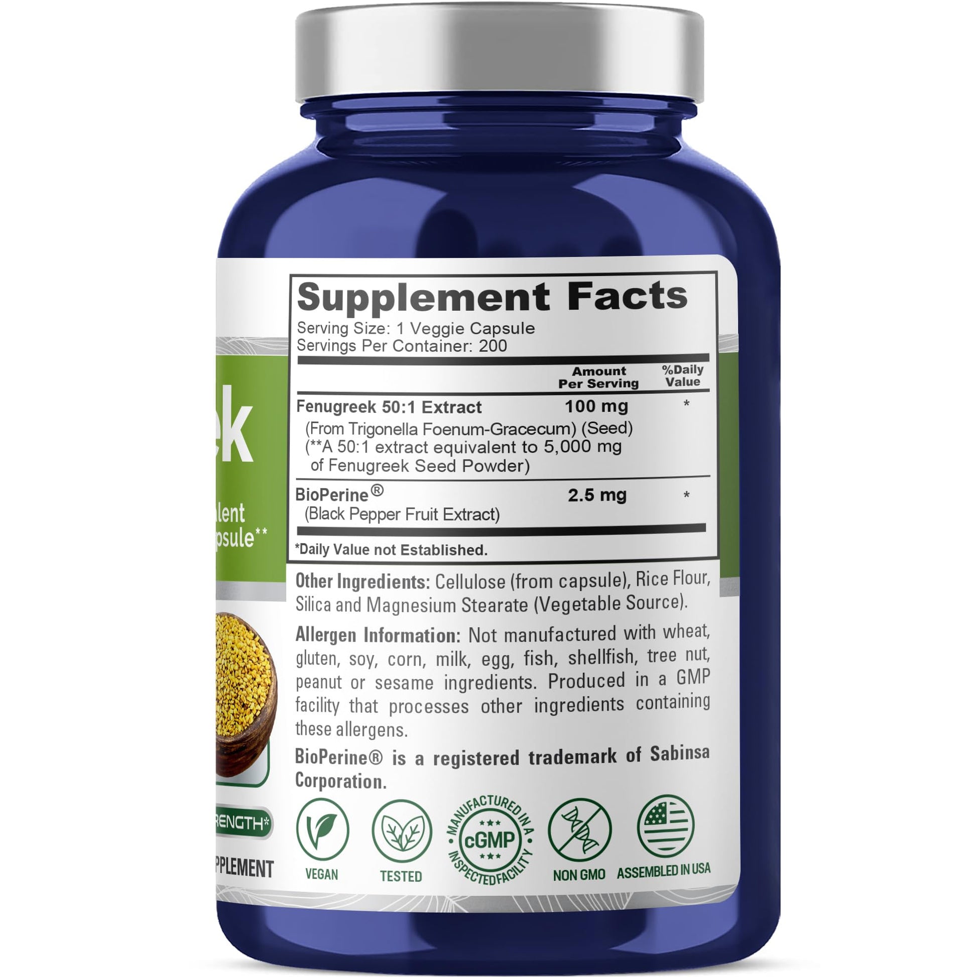 NusaPure Fenugreek Capsules, 50:1 Extract, 100 mg Equivalent to 5,000mg, 200 Veggie Caps, Non-GMO, Vegan NusaPure uk supplements