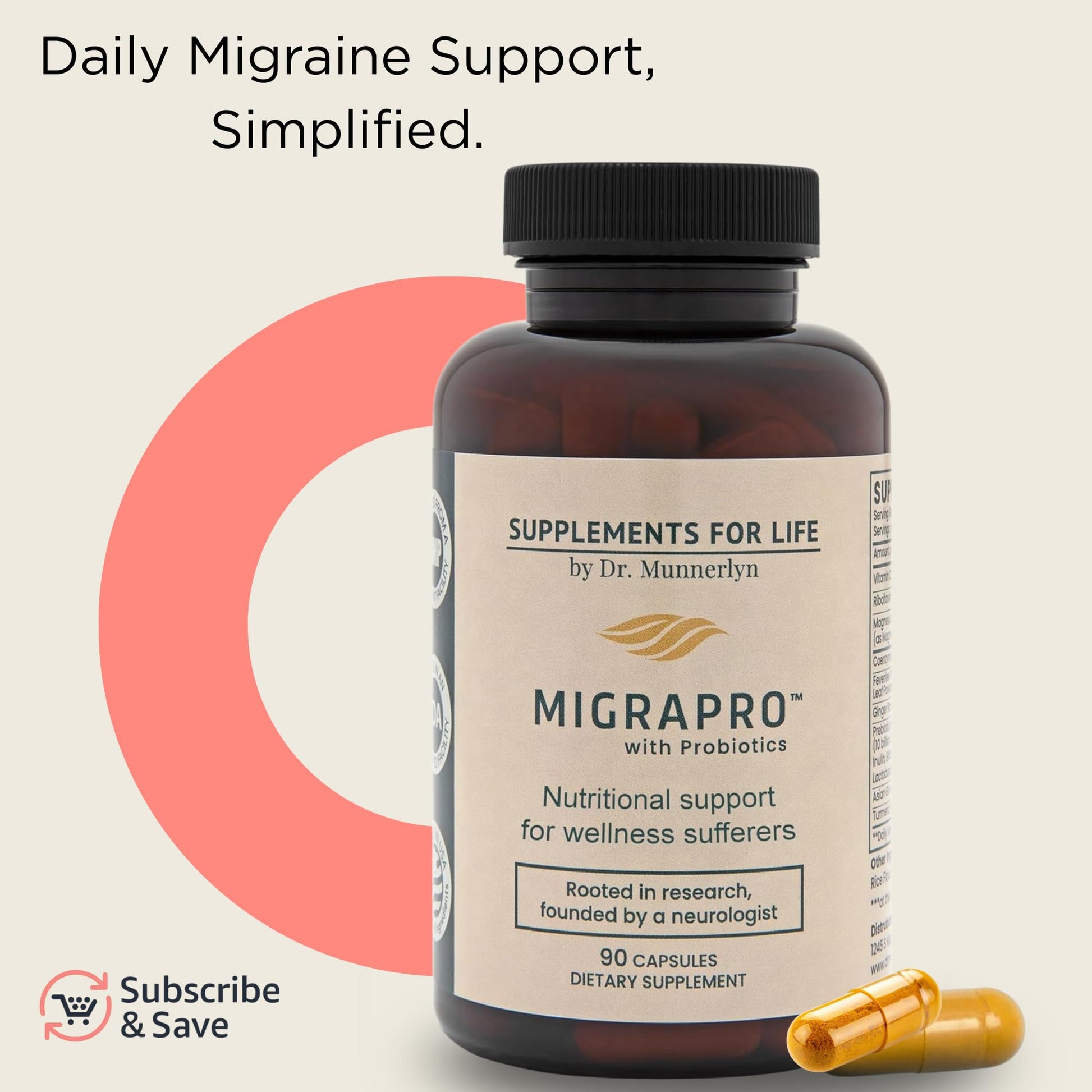 Dr. Munnerlyn MigraPro with Probiotics, Brain and Gut Health Support Supplement with Magnesium, Riboflavin, CoQ10, Ginger Root, Asian Ginseng, Vitamin C, Feverfew & Turmeric, Gluten Free, 90 Capsules Dr. Munnerlyn uk supplements