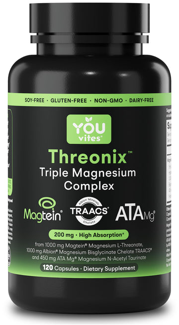 You Vites Threonix Triple Magnesium Complex - Magtein L-Threonate, Bisglycinate Chelate TRAACS & ATA Mg - Brain, Sleep, Mood & Focus Support - High Absorption, Gentle on Stomach - 120 Capsules You Vites uk supplements