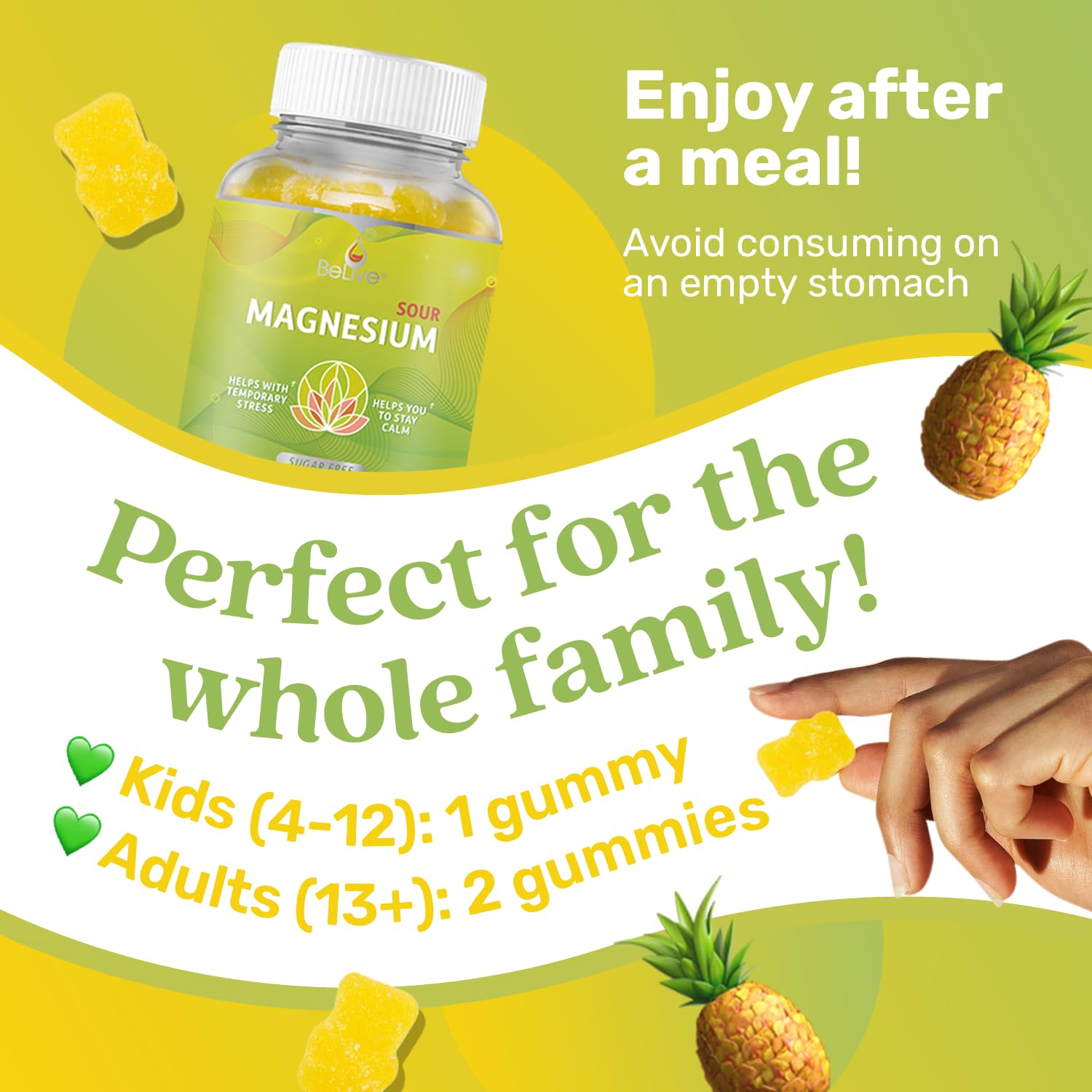 BeLive Magnesium Gummies 200mg - 60 Ct | Magnesium Glycinate Supplements for Relaxation, Stress Relief, and Sleep for Adults & Kids - Tasty and Tangy Pineapple Flavor BeLive uk supplements