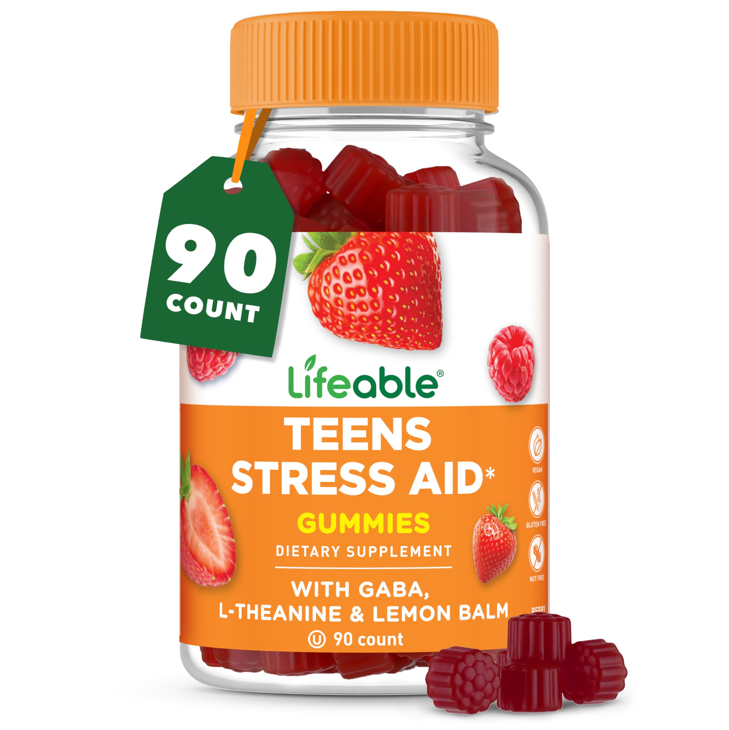 Lifeable Stress Aid Gummies for Teens | with Lemon Balm, GABA and L Theanine Supplements | Vegan Non GMO Mood Support Supplement | Great Tasing Stress Vitamins | L-Theanine for Teen | 90 Gummies Lifeable uk supplements