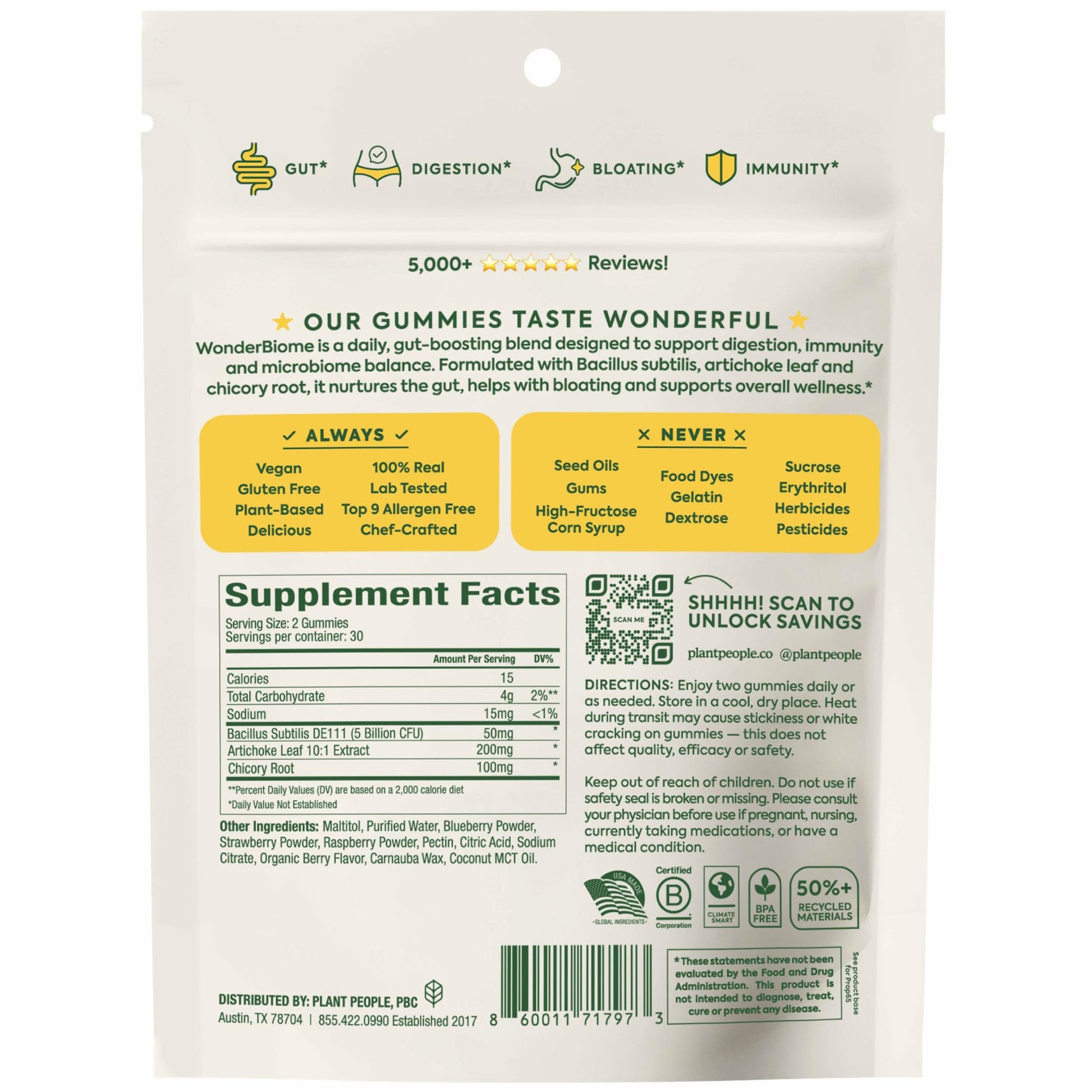 Plant People WonderBiome 2-in-1 Prebiotic + Probiotic Gummies – Zero-Sugar Vegan Digestive Health & Bloating Relief – 5 Billion CFU Bacillus Subtilis DE111 + Artichoke & Chicory – 60 Count Plant People uk supplements