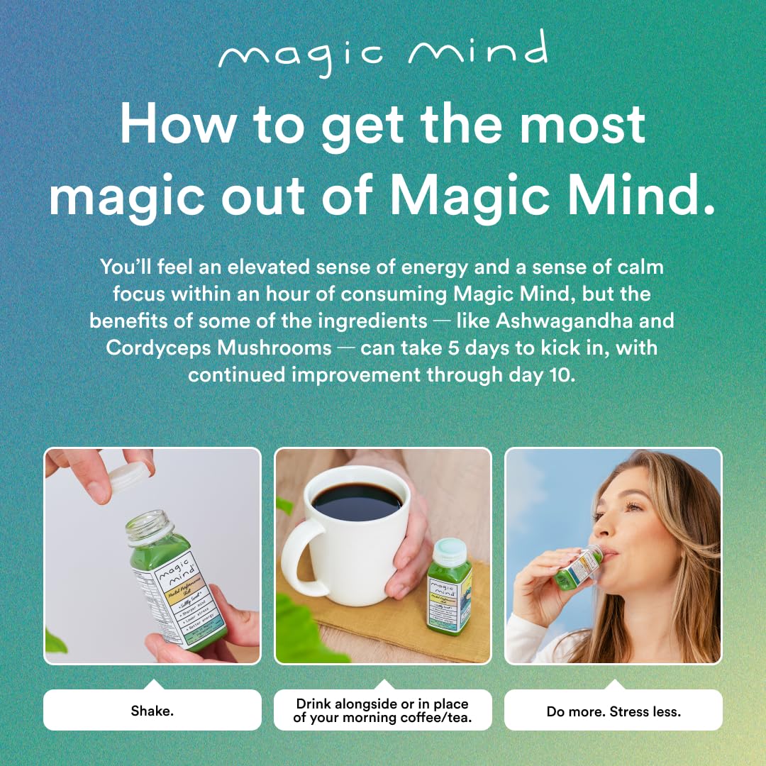 Magic Mind Energy And Focus Drink Shots - Stress Relieving, No Jitters, Ashwagandha, Vitamin B12, Vitamin C, Matcha Green Tea, Functional Mushrooms - 2 FL Oz (15 Pack) Magic Mind uk supplements
