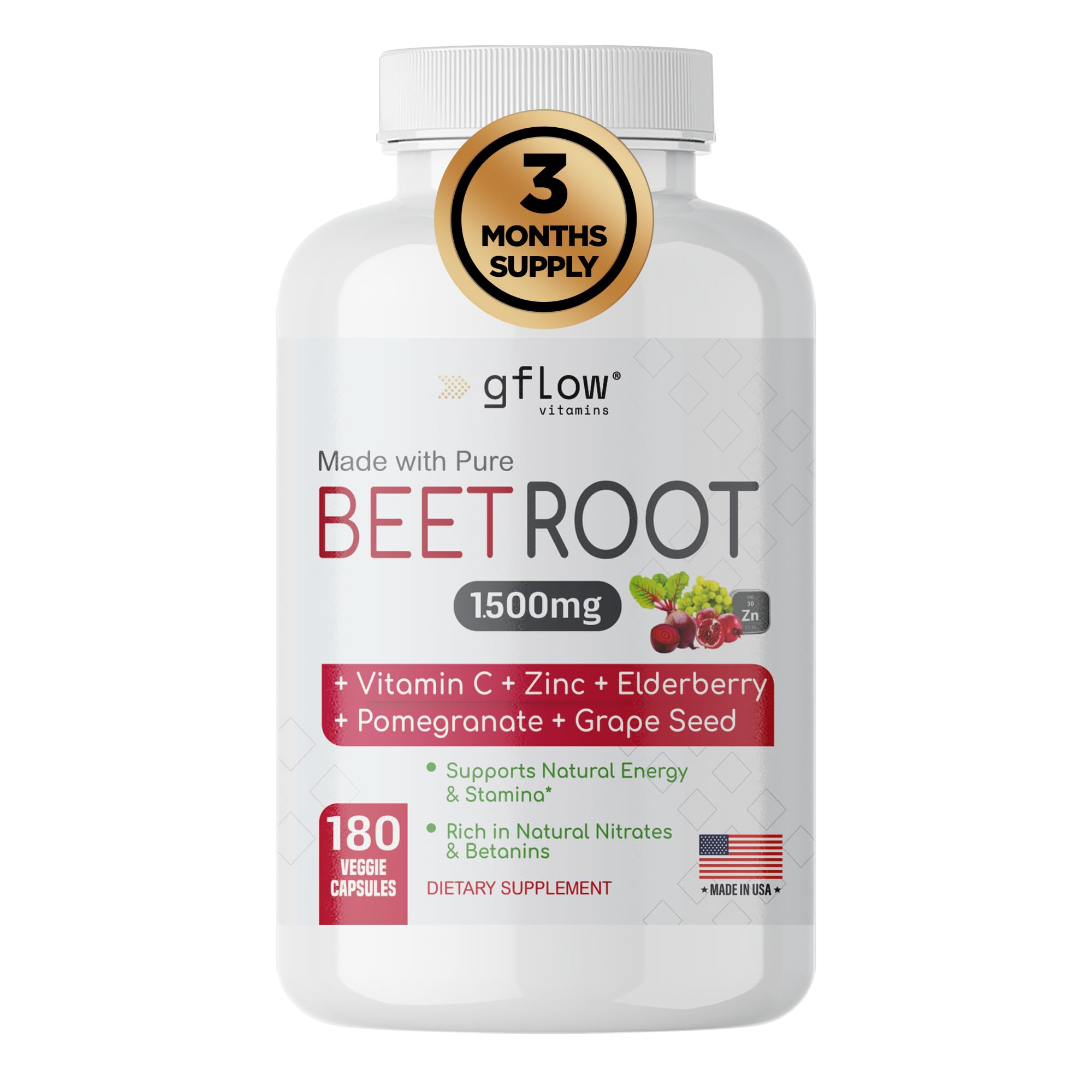 gflow vitamins Beet Root Capsules Organic - All Natural with Vitamin C and Zinc - Supports Heart Health & Stamina, Non-GMO, 180 Vegetarian Capsules | Made in USA gflow vitamins uk supplements