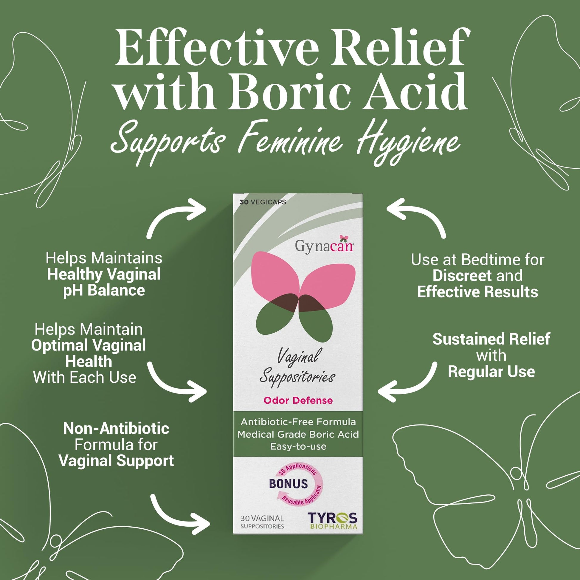 Gynacan Boric Acid Suppositories for Women - pH Balance Vaginal Treatment for Women Odor Prevention, Pure Formula, No-Mess Applicator, Gentle & Effective Gynacan uk supplements