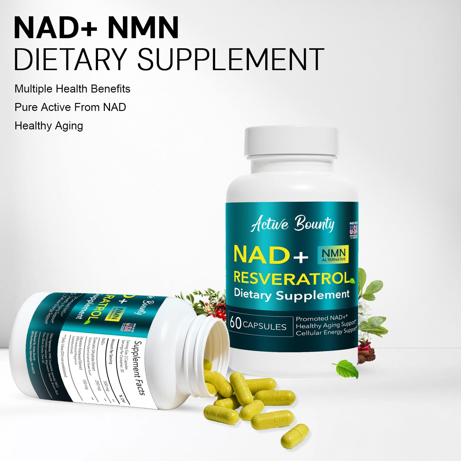 NAD+ Resveratrol Supplement with Quercetin – NMN Alternative for Cellular Energy Support, Focus & Healthy Aging – High Potency 500mg NAD+ Formula, Vegan, Non-GMO, Gluten-Free, Made in USA, 60 Capsules Active Bounty uk supplements