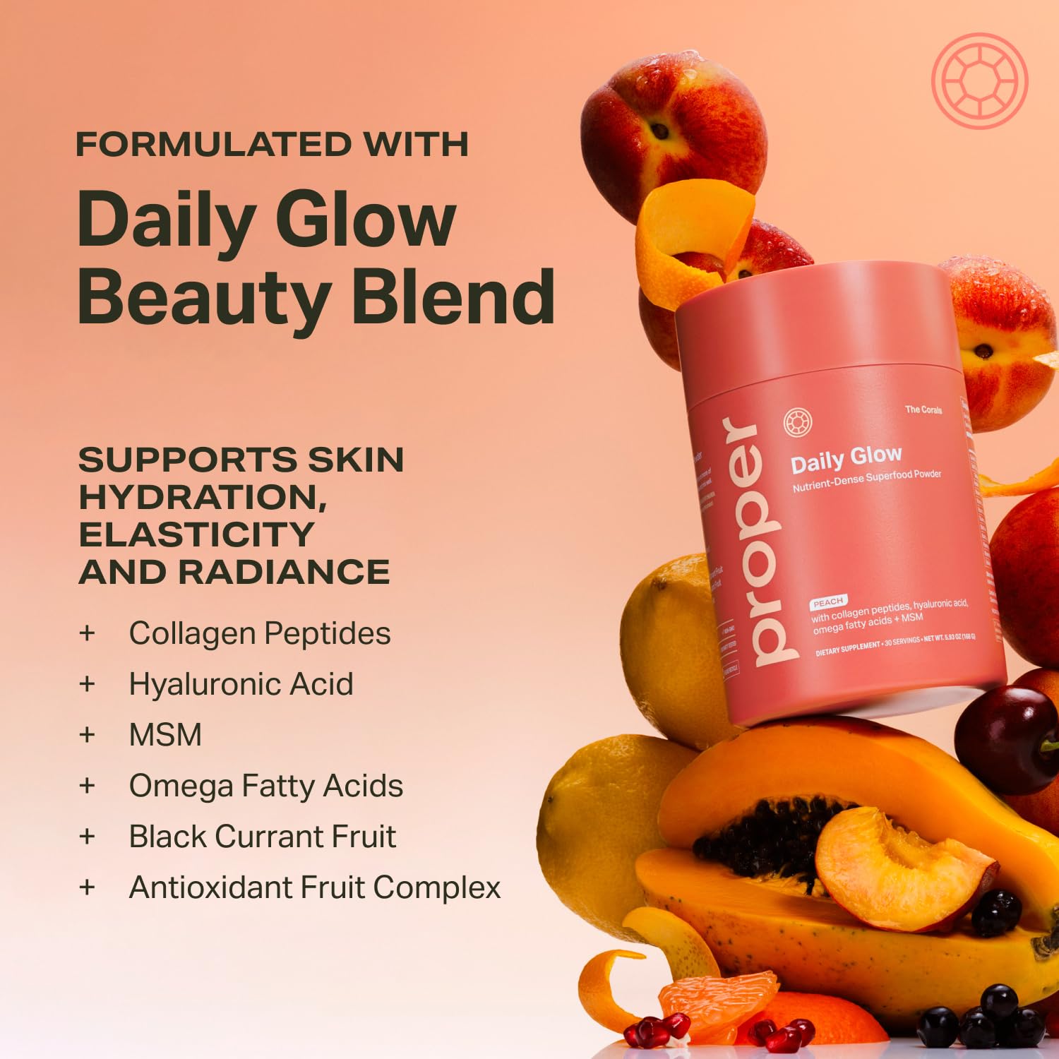 Proper, The Corals Daily Glow Beauty Blend - Nutrient Dense Superfood Powder with Collagen Peptides, Hyaluronic Acid Powder, Vitamin C, and MSM. Hair, Skin, Nail Vitamin Supplement for Women & Men Proper uk supplements