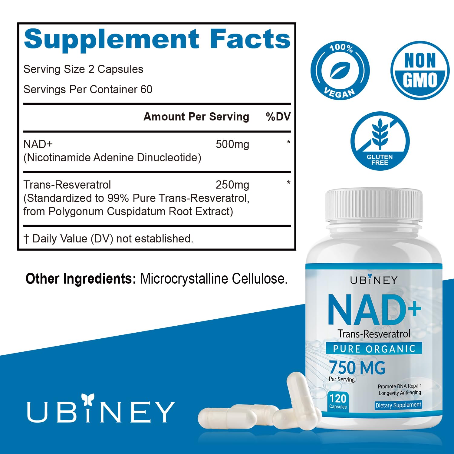Ubiney NAD+ 750mg with Trans-Resveratrol – Pure Organic Nicotinamide Adenine Dinucleotide Supplement – DNA Repair, Cellular Energy, Anti-Aging Support – 120 Vegan Capsules, Non-GMO, Gluten-Free Ubiney uk supplements