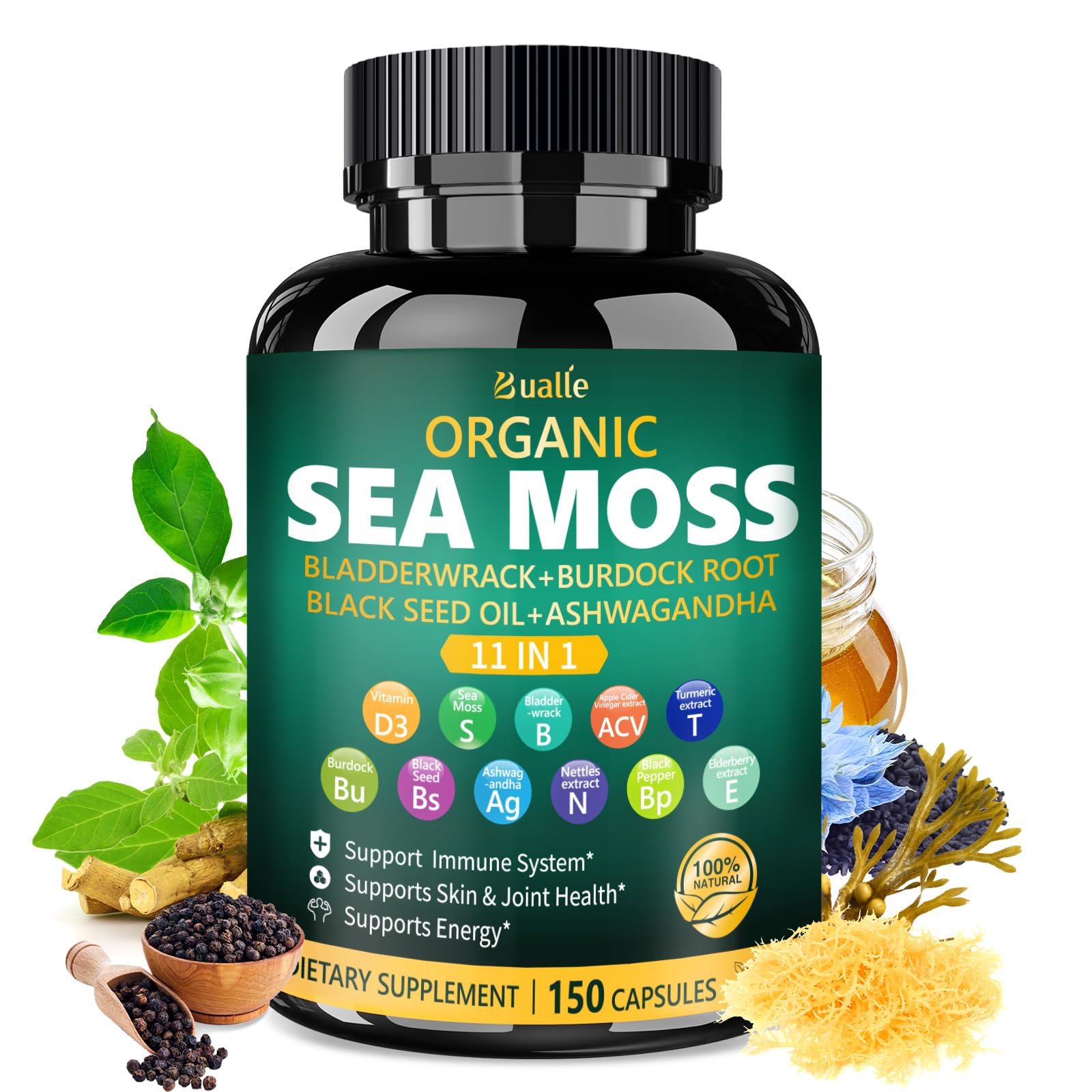 Bualle Irish Sea Moss Capsules – Organic Sea Moss, Black Seed Oil, Ashwagandha Supplements with Bladderwrack, Ginger & Burdock Root – Supports Daily Wellness, Skin & Energy – 150 Count (1 Pack) Bualle uk supplements