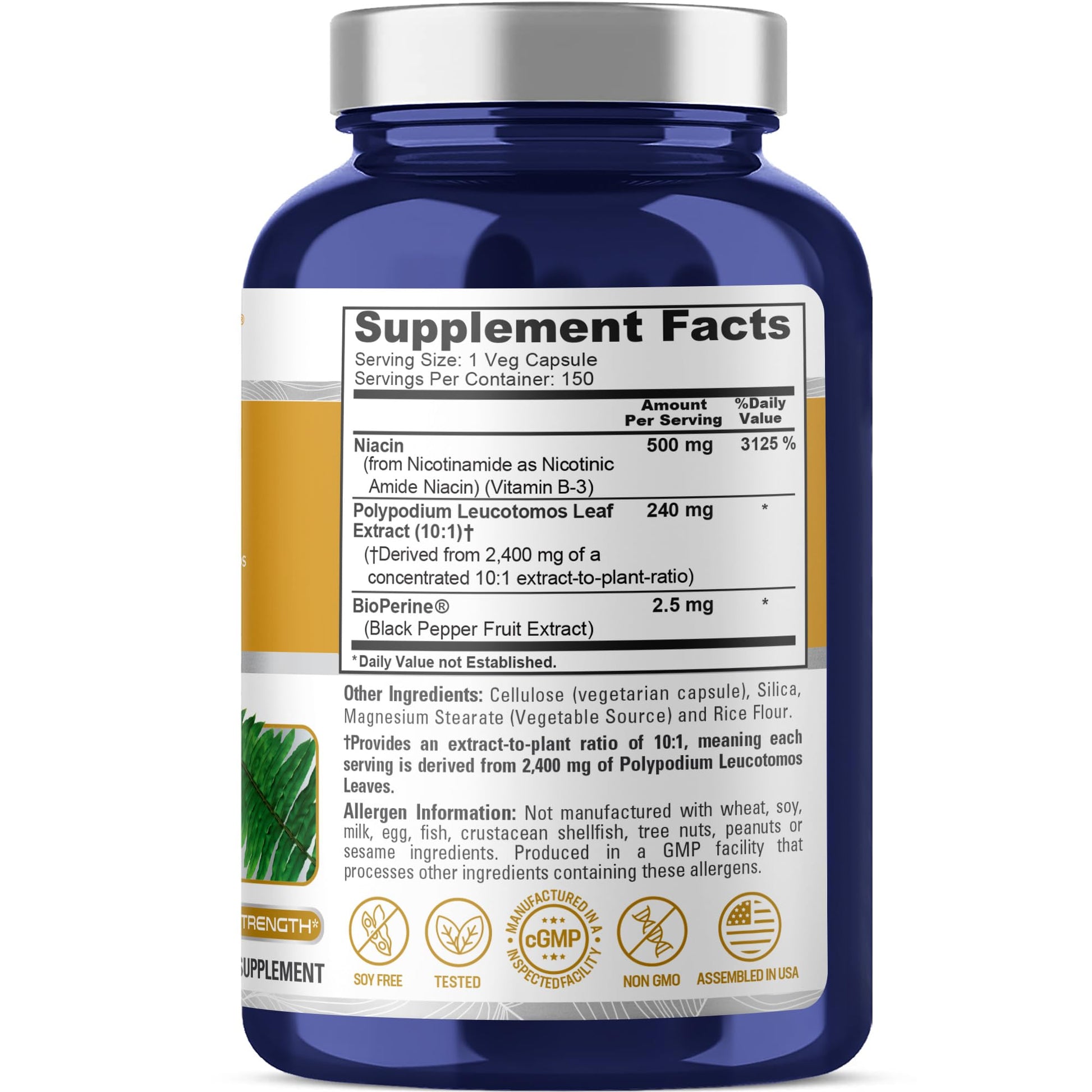 NusaPure Polypodium Nicotinamide 10:1 Extract, 240 mg Equivalent to 2,400 mg per Veg Caps - 150 Count (Non-GMO, Soyfree, Bioperine) NusaPure uk supplements