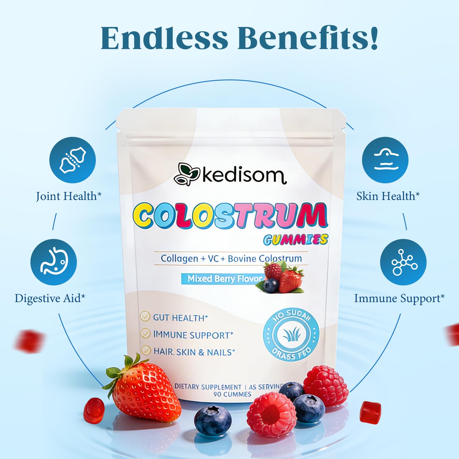 KEDISOM Colostrum Gummies, Grass Fed Colostrum Supplement, 90 Bovine Colostrum Gummies, 45 Servings, Mixed Berry, Sugar-Free KEDISOM uk supplements