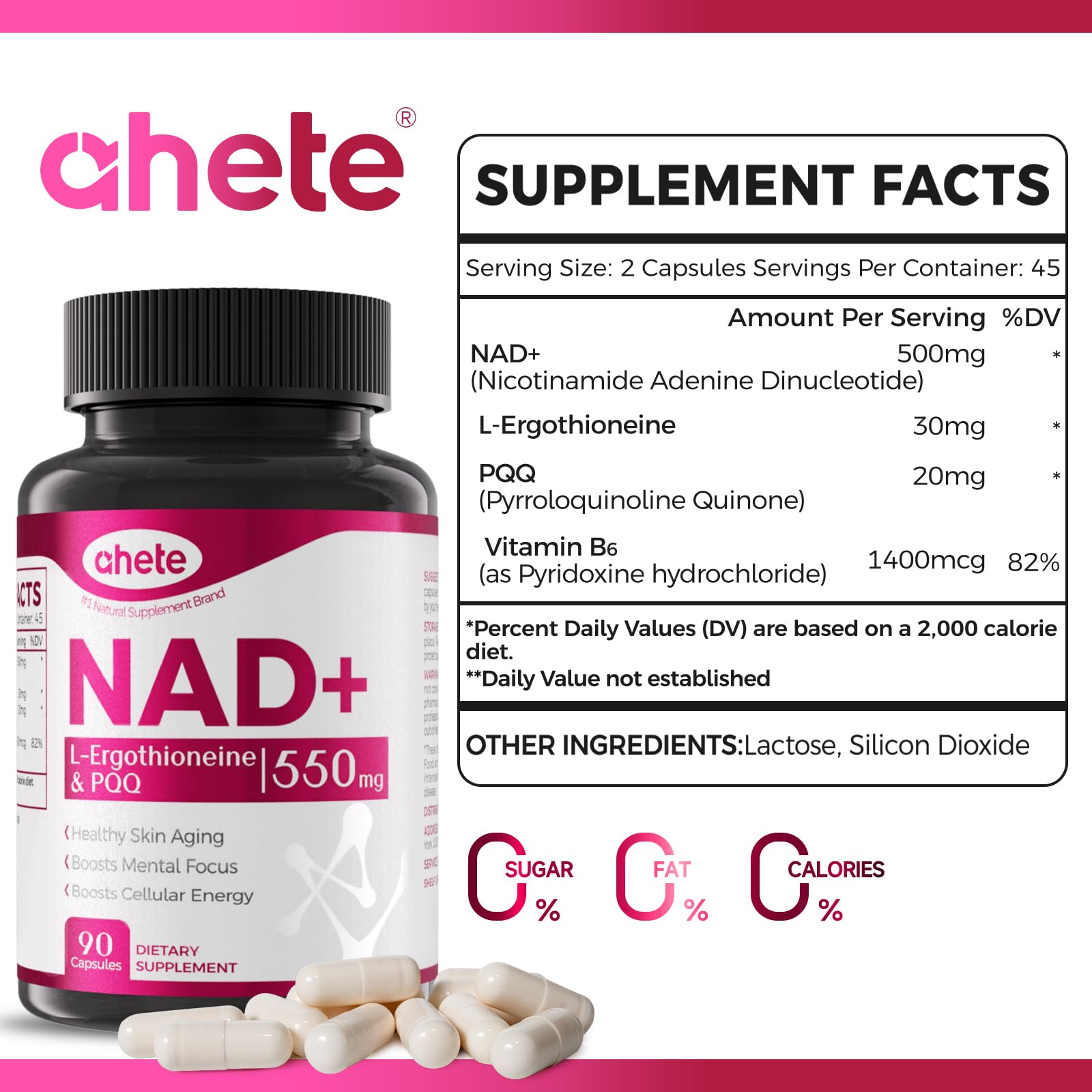 Ahete NAD Supplement with L-Ergothioneine, PQQ, Vitamin B6, and NMNH Supplement - for Cellular Health, Energy Support and Healthy Aging for Women & Men - Vegetarian, Non-GMO, Gluten Free- 90 Capsules Ahete uk supplements
