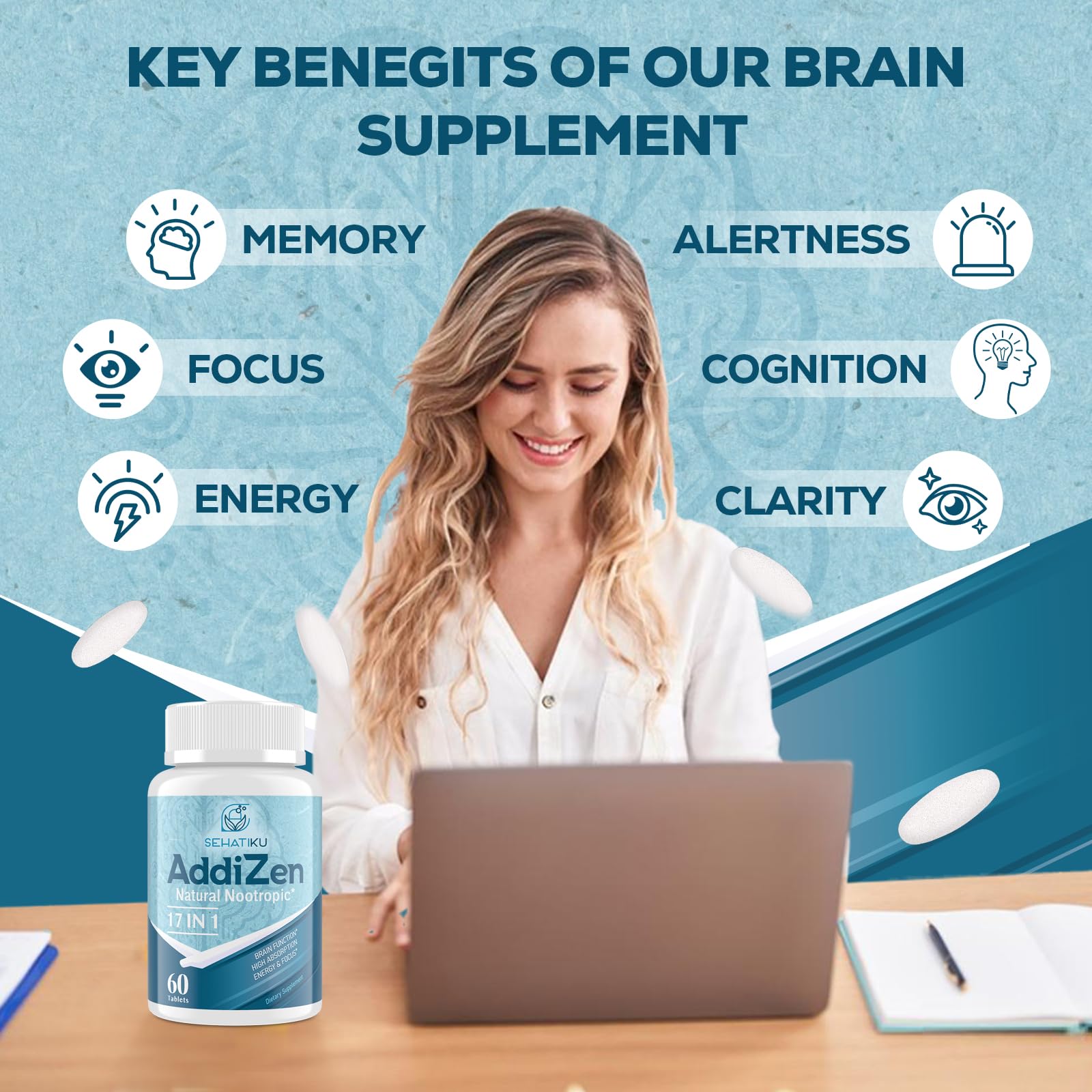 17-in-1 Brain Supplement for Memory and Focus | Natural Nootropics Brain Supplement for Brain Cognition, Energy | High Absorption | L-Theanine, Phytonutrient Blend and Vitamins B6, B12 | 60 Tablets SehatiKu uk supplements