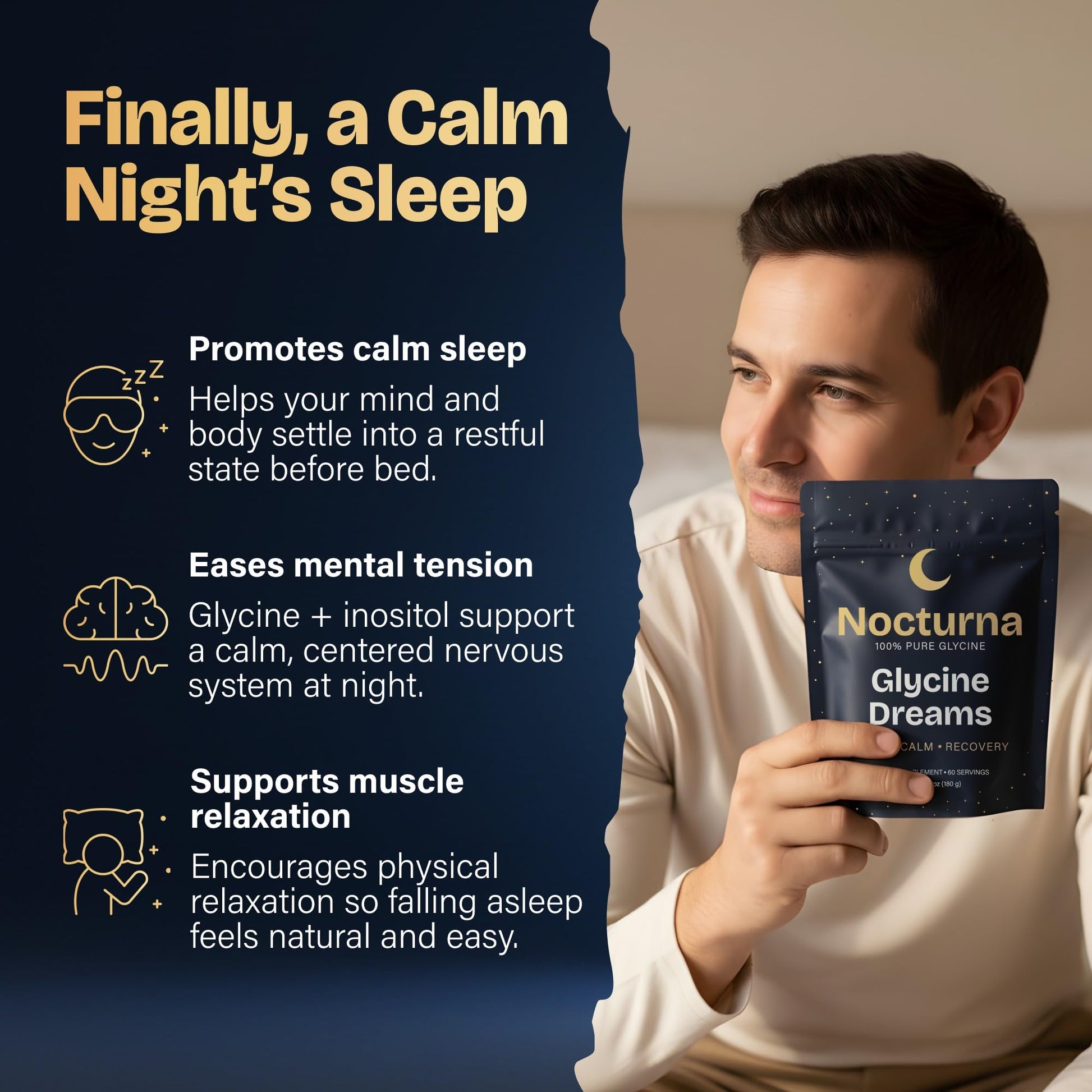 Nocturna Glycine Supplement – 100% Pure 3g Glycine Powder for Sleep, Calm & Recovery – USA Made Sleep Aid for Men & Women – Non-GMO & Completely Natural - 6.3Oz for 60 Servings Nocturna uk supplements