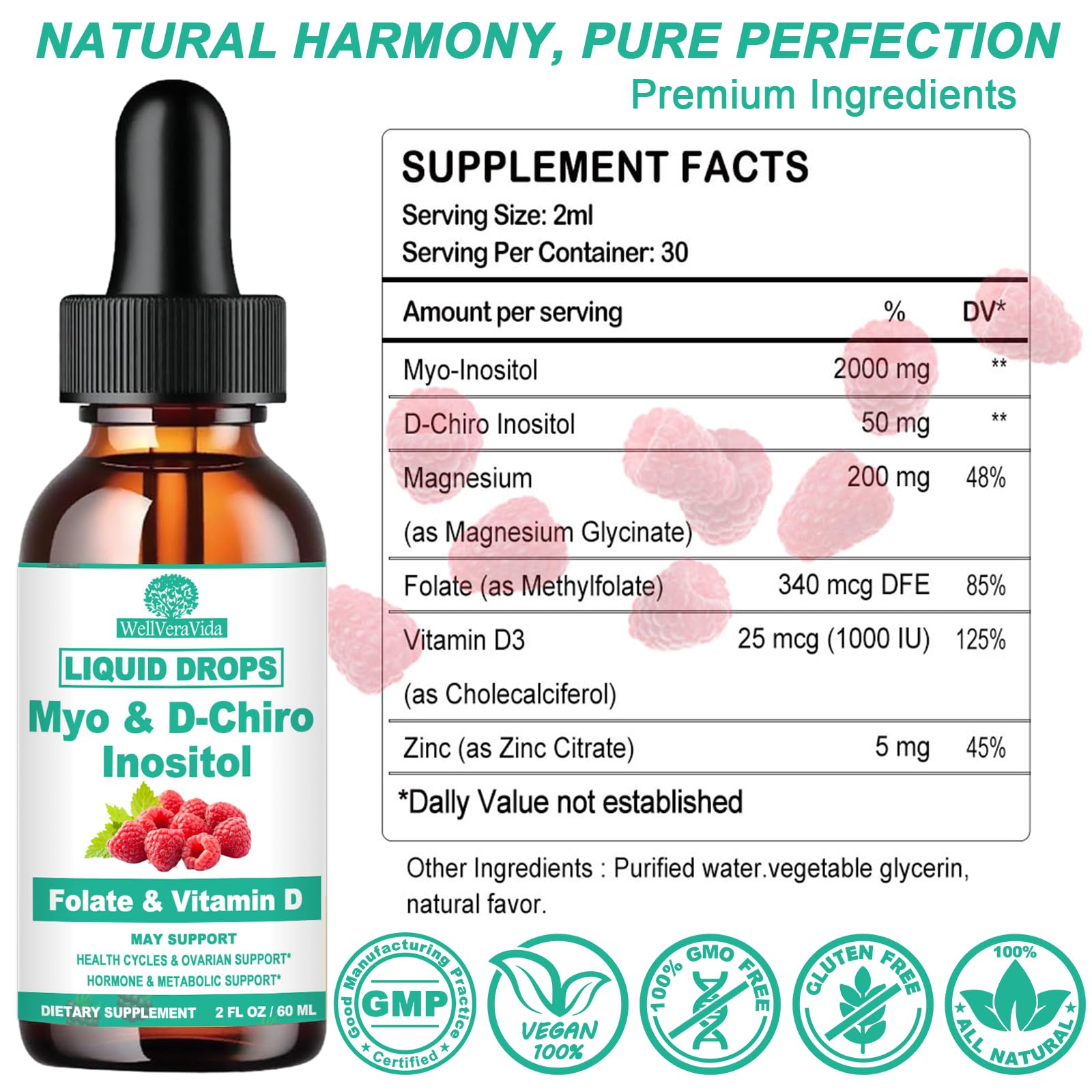 Myo Inositol & D-Chiro Inositol Supplement Liquid for Women- Ideal 40:1 Ratio Inositol Drops with MTHF Folate, Magnesium, Vitamin D, Supports Hormone Balance, Regular Cycles & Ovarian Health丨Vegan WellVeraVida uk supplements