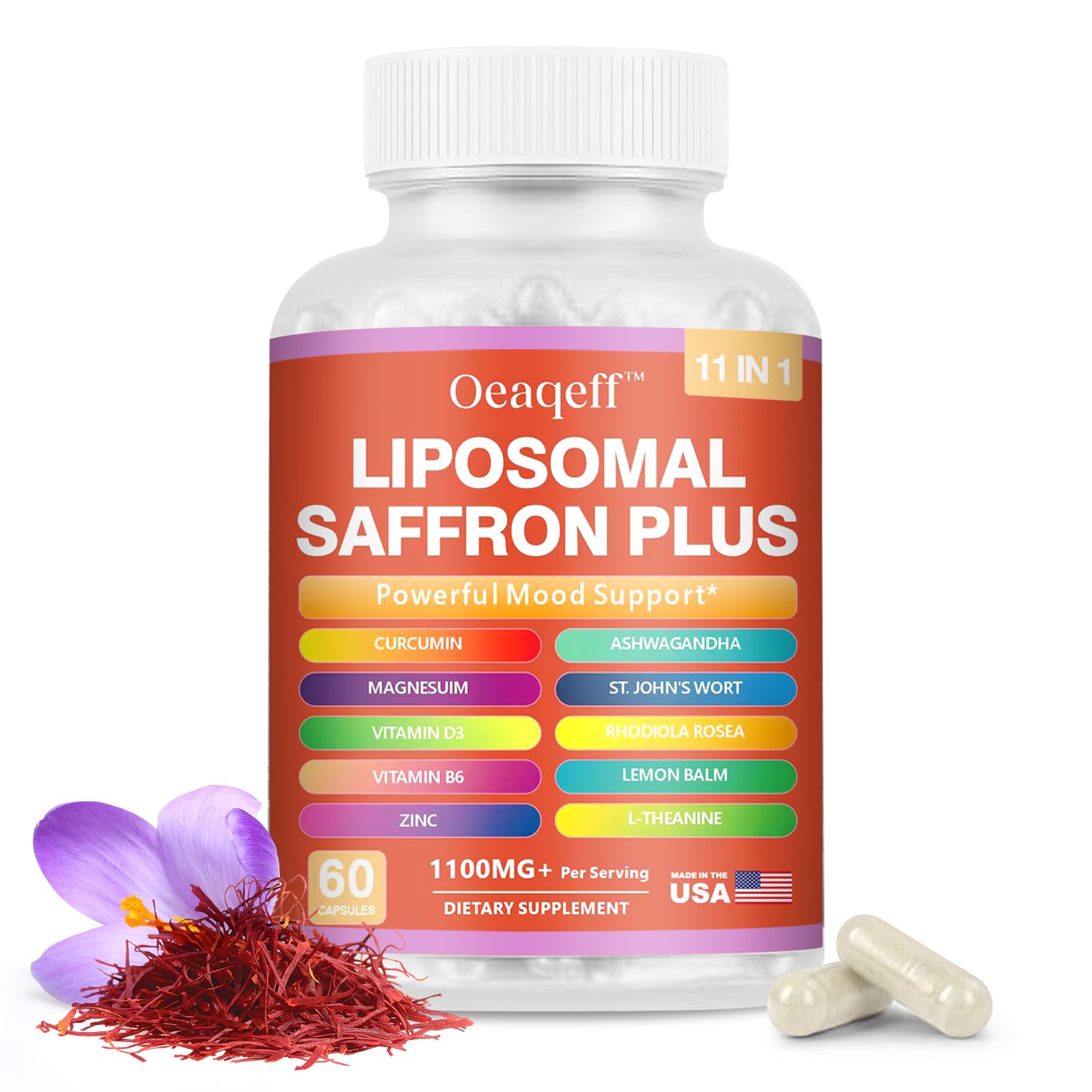 Oeaqeff Liposomal Saffron Supplements -11 in 1 100% Pure Saffron Extract 88.5 mg Maximum Absorption for Mood, Energy & Vision,Vegan, Non-GMO - 60 Vegan Capsules (1) Oeaqeff uk supplements
